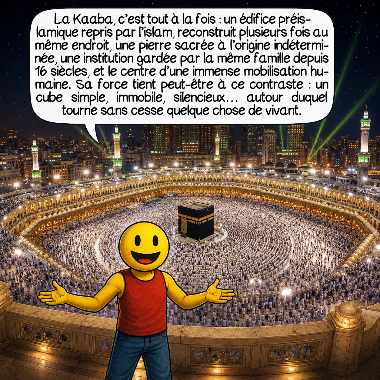 La Kaaba, case 10 : La Kaaba, c’est tout à la fois : un édifice préislamique repris par l’islam, un monument reconstruit une dizaine de fois, mais toujours au même endroit, une pierre sacrée à l’origine scientifiquement indéterminée, une institution gardée par la même famille depuis 16 siècles, et le centre géographique de la plus grande mobilisation humaine régulière de l’histoire. Sa force tient peut-être dans cette superposition : un cube simple, immobile, silencieux — autour duquel tourne, sans jamais s’arrêter, quelque chose de vivant.