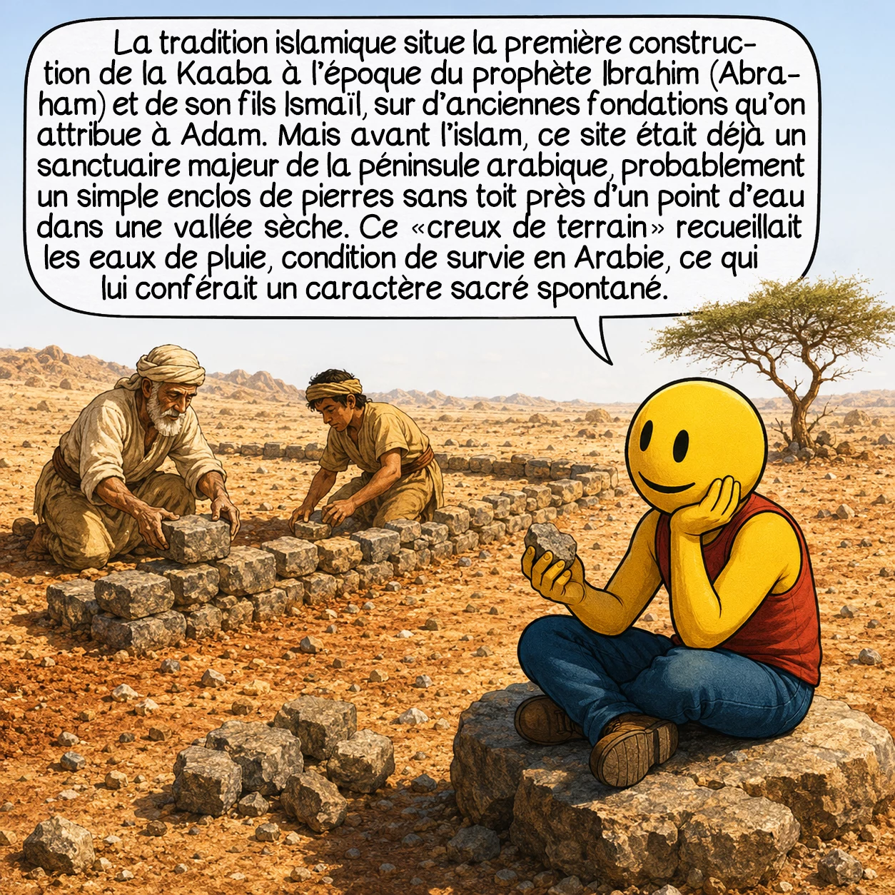 La Kaaba, case 2 : La tradition islamique situe la première construction de la Kaaba à l’époque du prophète Ibrahim (Abraham) et de son fils Ismaïl, sur d’anciennes fondations qu’on attribue à Adam. Mais avant l’islam, ce site était déjà un sanctuaire majeur de la péninsule arabique, probablement un simple enclos de pierres sans toit près d’un point d’eau dans une vallée sèche. Ce « creux de terrain » recueillait les eaux de pluie — condition de survie en Arabie — ce qui lui conférait un caractère sacré spontané.