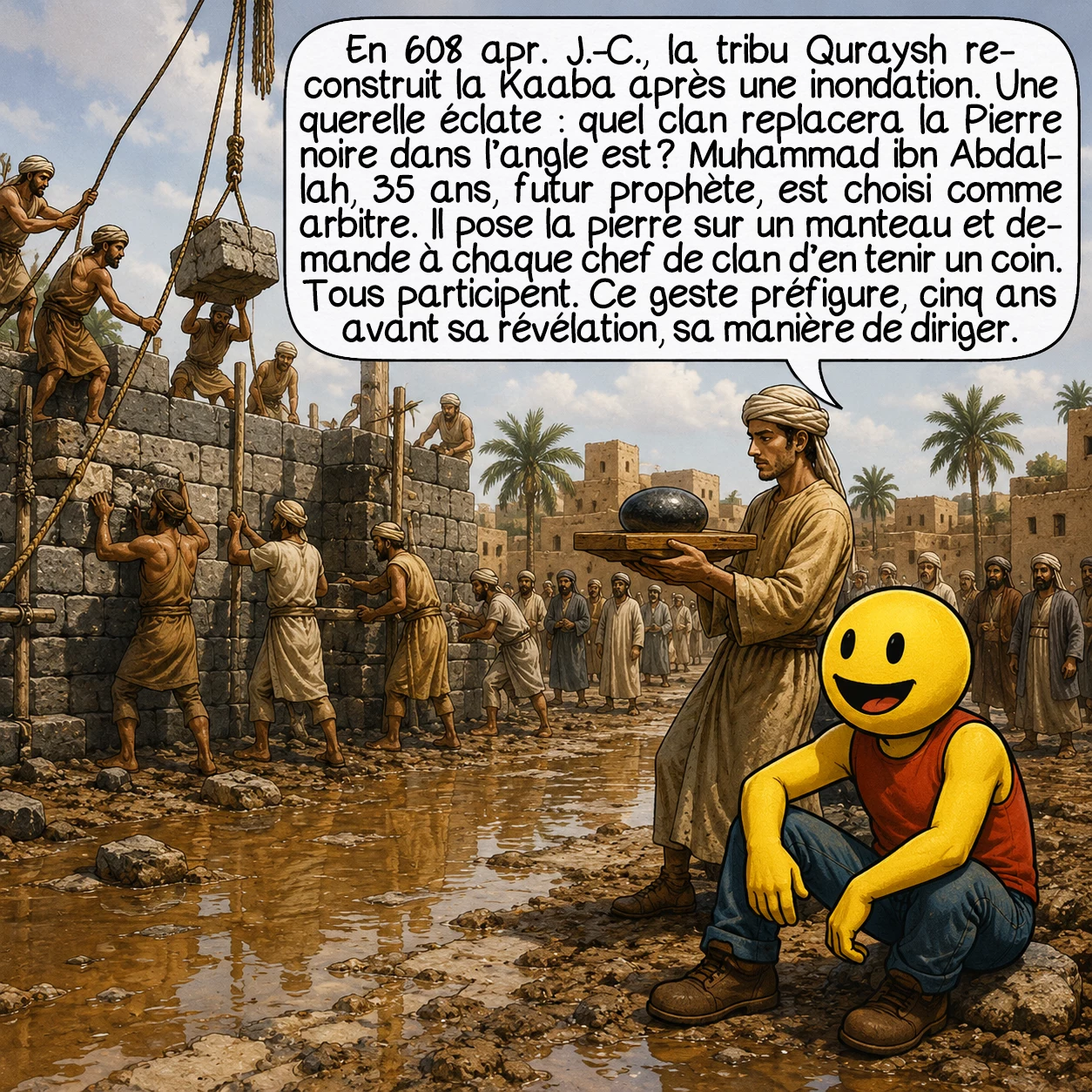 La Kaaba, case 4 : En 608 apr. J.-C., la tribu Quraysh reconstruit la Kaaba après une inondation. Un problème surgit : qui aura l’honneur de replacer la Pierre noire dans l’angle est ? Les clans menacent de se battre. Un jeune homme de 35 ans, Muhammad ibn Abdallah — futur prophète — est désigné arbitre. Il dépose la pierre sur un manteau et demande à chaque chef de clan d’en tenir un coin : tous participent ensemble. Ce geste préfigure cinq ans avant sa révélation le style de leadership qui caractérisera l’islam.