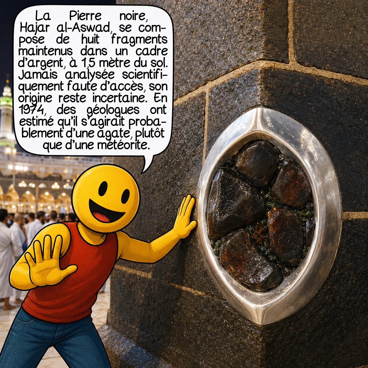 La Kaaba, case 5 : La Pierre noire — Hajar al-Aswad — est aujourd’hui composée de huit fragments inégaux maintenus dans un cadre d’argent, à 1,5 mètre du sol. Elle n’a jamais été analysée avec des techniques scientifiques modernes : faute d’accès, son origine reste officiellement indéterminée. En 1974, les géologues Dietz et McHone (Université de l’Illinois) ont conclu à partir d’observations indirectes qu’il s’agit probablement d’une agate — et non d’une météorite, comme on le croit souvent.