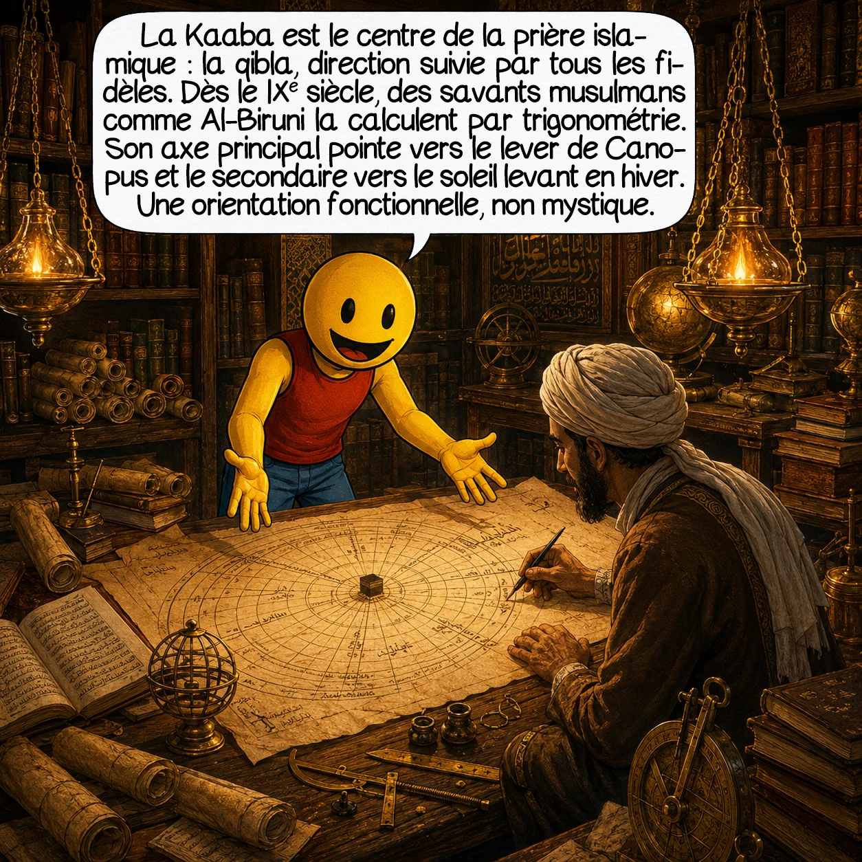 La Kaaba, case 6 : La Kaaba est le centre géographique de toute prière islamique mondiale : la qibla, direction imposée à tous les fidèles. Dès le IXe siècle, des géographes et astronomes musulmans comme Al-Biruni ont calculé cette direction avec trigonométrie et coordonnées astronomiques. L’axe principal de la Kaaba pointe vers le lever de l’étoile Canopus (la plus brillante du ciel austral) et son axe secondaire suit le lever du soleil en hiver — une orientation fonctionnelle, pas mystique.