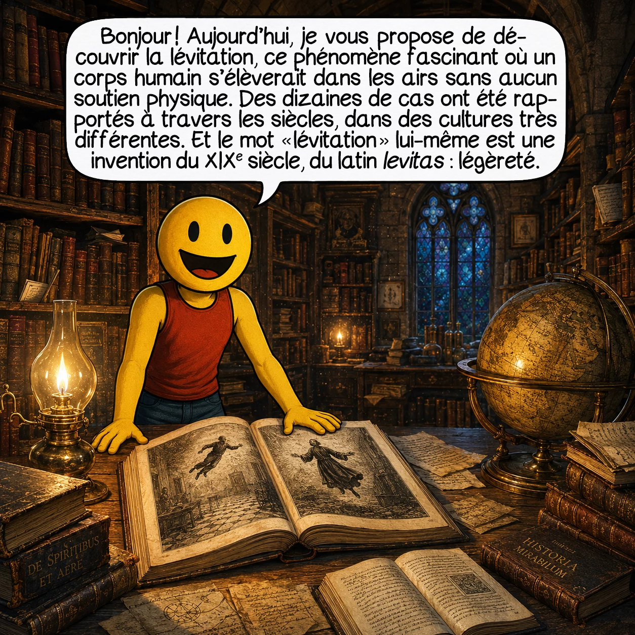 La lévitation, case 1 : Bonjour ! Aujourd’hui, je vous propose de découvrir la lévitation, ce phénomène fascinant où un corps humain s’élèverait dans les airs sans aucun soutien physique. Des dizaines de cas ont été rapportés à travers les siècles, dans des cultures très différentes. Et le mot « lévitation » lui-même est une invention du XIXe siècle, du latin levitas : légèreté.