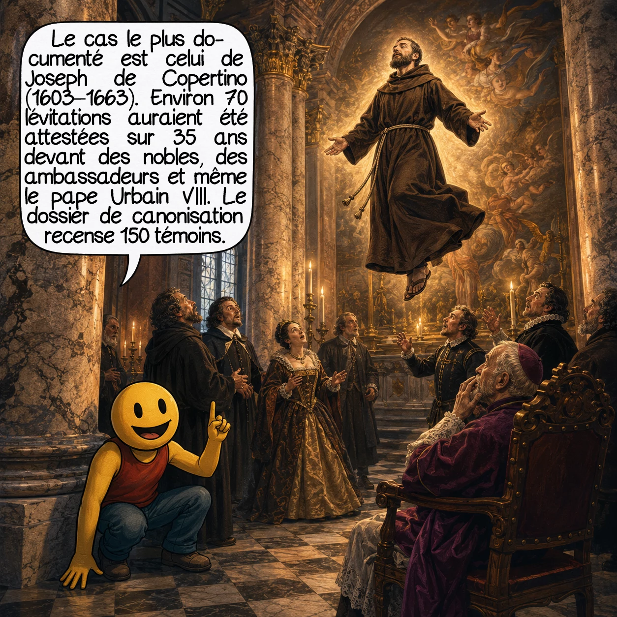La lévitation, case 2 : Le cas le plus documenté de l’histoire est celui de Joseph de Copertino, moine franciscain italien (1603–1663). Environ 70 lévitations ont été attestées sur 35 ans, devant des foules disparates : nobles, ambassadeurs, et même le pape Urbain VIII, qui promit de témoigner pour sa canonisation. 150 témoins ont été recensés dans le dossier officiel de l’Église.