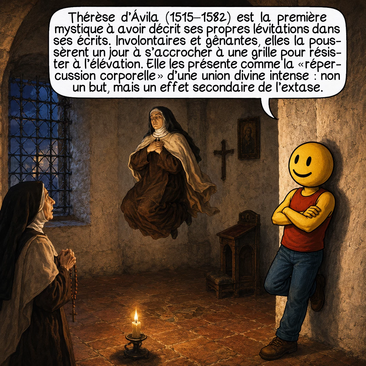 La lévitation, case 3 : Thérèse d’Ávila (1515–1582) est la première mystique à avoir décrit ses propres lévitations dans ses écrits autobiographiques. Elle les qualifie d’involontaires et de source de gêne. Un jour, elle s’accrocha à une grille pour résister à l’élévation. Elle précise que ces phénomènes sont la « répercussion corporelle » d’une union divine intense — non un but en soi, mais un effet secondaire de l’extase.