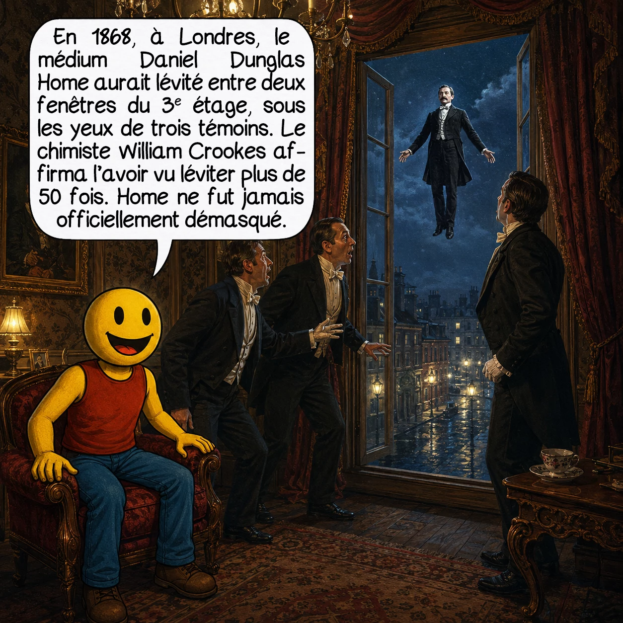 La lévitation, case 4 : Le 13 décembre 1868, le médium écossais Daniel Dunglas Home sortit par une fenêtre du 3e étage d’Ashley House, à Londres, et rentra par une fenêtre adjacente — à 8 à 10 mètres de hauteur. Trois témoins de haut rang l’attestèrent : Lord Adare, Lord Lindsay, Captain Wynne. William Crookes, chimiste de la Royal Society, certifie avoir vu Home léviter plus de 50 fois. Home ne fut jamais officiellement démasqué.