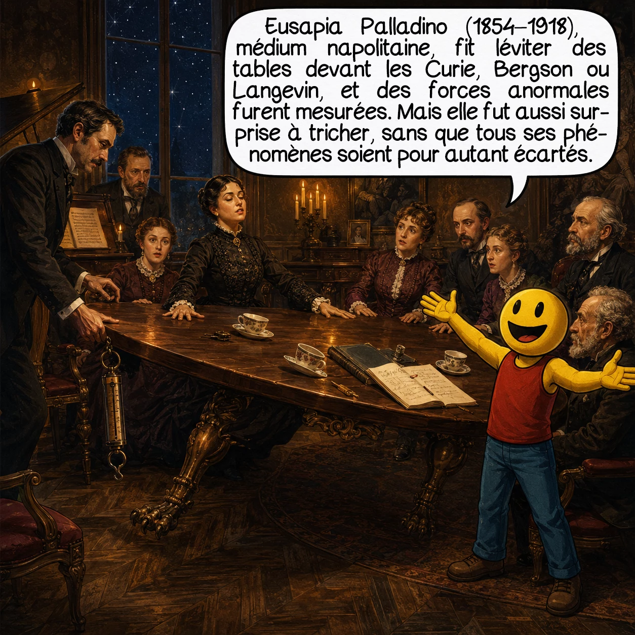 La lévitation, case 5 : Le cas d’Eusapia Palladino (1854–1918) illustre la complexité du sujet. Cette médium napolitaine illettrée fit léviter des tables devant Pierre et Marie Curie, Bergson, Langevin et Jean Perrin. On mesura des forces dépassant sa capacité physique au dynamomètre. Elle fut cependant plusieurs fois surprise à tricher — ce qui n’invalida pas tous les phénomènes aux yeux de ses observateurs.