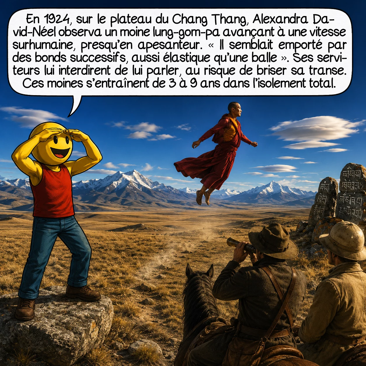 La lévitation, case 6 : En 1924, sur le plateau du Chang Thang, Alexandra David-Néel observa un moine lung-gom-pa progressant à vitesse surhumaine en quasi-apesanteur. « Il semblait soulevé et emporté par des bonds successifs, aussi élastique qu’une balle. » Ses serviteurs lui interdirent de lui parler, au risque de briser sa transe et de le tuer. La formation de ces moines dure entre 3 et 9 ans d’isolement total.