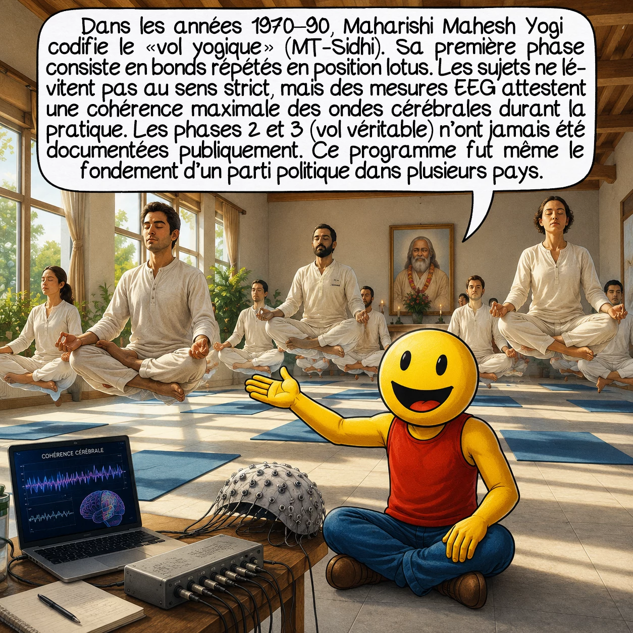 La lévitation, case 7 : Dans les années 1970–90, Maharishi Mahesh Yogi codifie le « vol yogique » (MT-Sidhi). Sa première phase consiste en bonds répétés en position lotus. Les sujets ne lévitent pas au sens strict, mais des mesures EEG attestent une cohérence maximale des ondes cérébrales durant la pratique. Les phases 2 et 3 — vol véritable — n’ont jamais été documentées publiquement. Ce programme fut même le fondement d’un parti politique dans plusieurs pays.