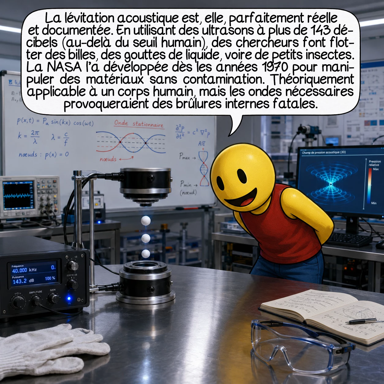 La lévitation, case 8 : La lévitation acoustique est, elle, parfaitement réelle et documentée. En utilisant des ultrasons à plus de 143 décibels — au-delà du seuil humain —, des chercheurs font flotter des billes, des gouttes de liquide, voire de petits insectes. La NASA l’a développée dès les années 1970 pour manipuler des matériaux sans contamination. Théoriquement applicable à un corps humain, mais les ondes nécessaires provoqueraient des brûlures internes fatales.
