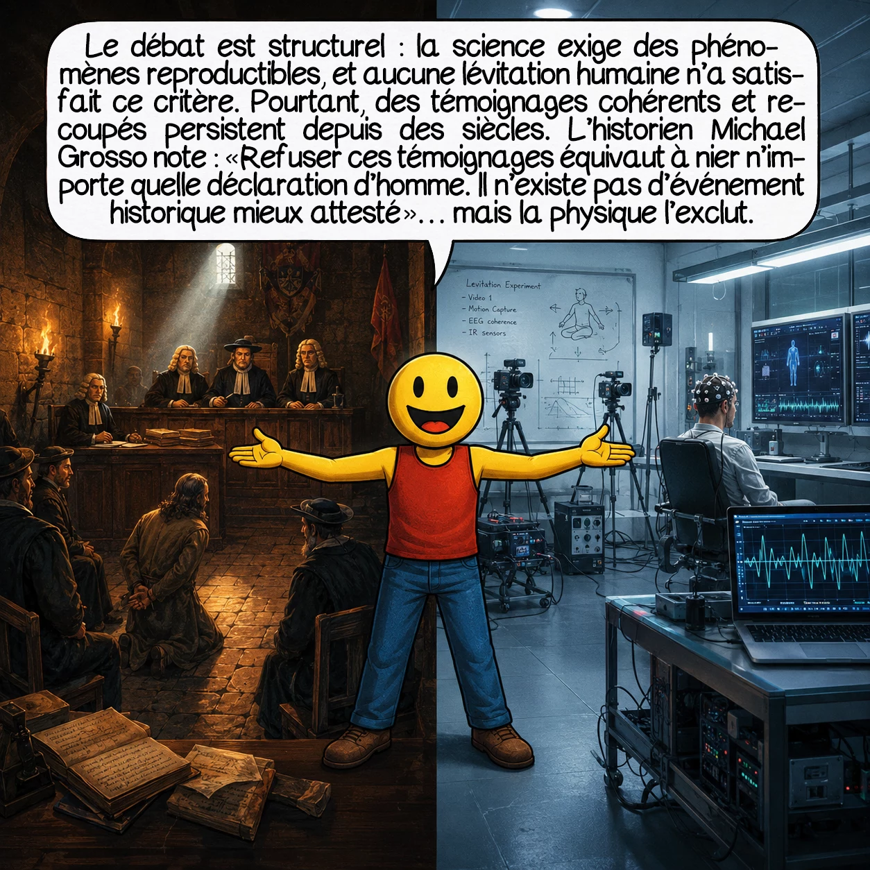 La lévitation, case 9 : Le débat est structurel : la science exige des phénomènes reproductibles en conditions contrôlées, et aucune lévitation humaine n’a jamais satisfait ce critère. Mais des témoignages cohérents, recoupés, juridiquement exploités persistent depuis des siècles. L’historien Michael Grosso note : « Refuser ces témoignages équivaut à nier n’importe quelle déclaration d’homme. Il n’existe pas d’événement historique mieux attesté » — et pourtant, la physique l’exclut.