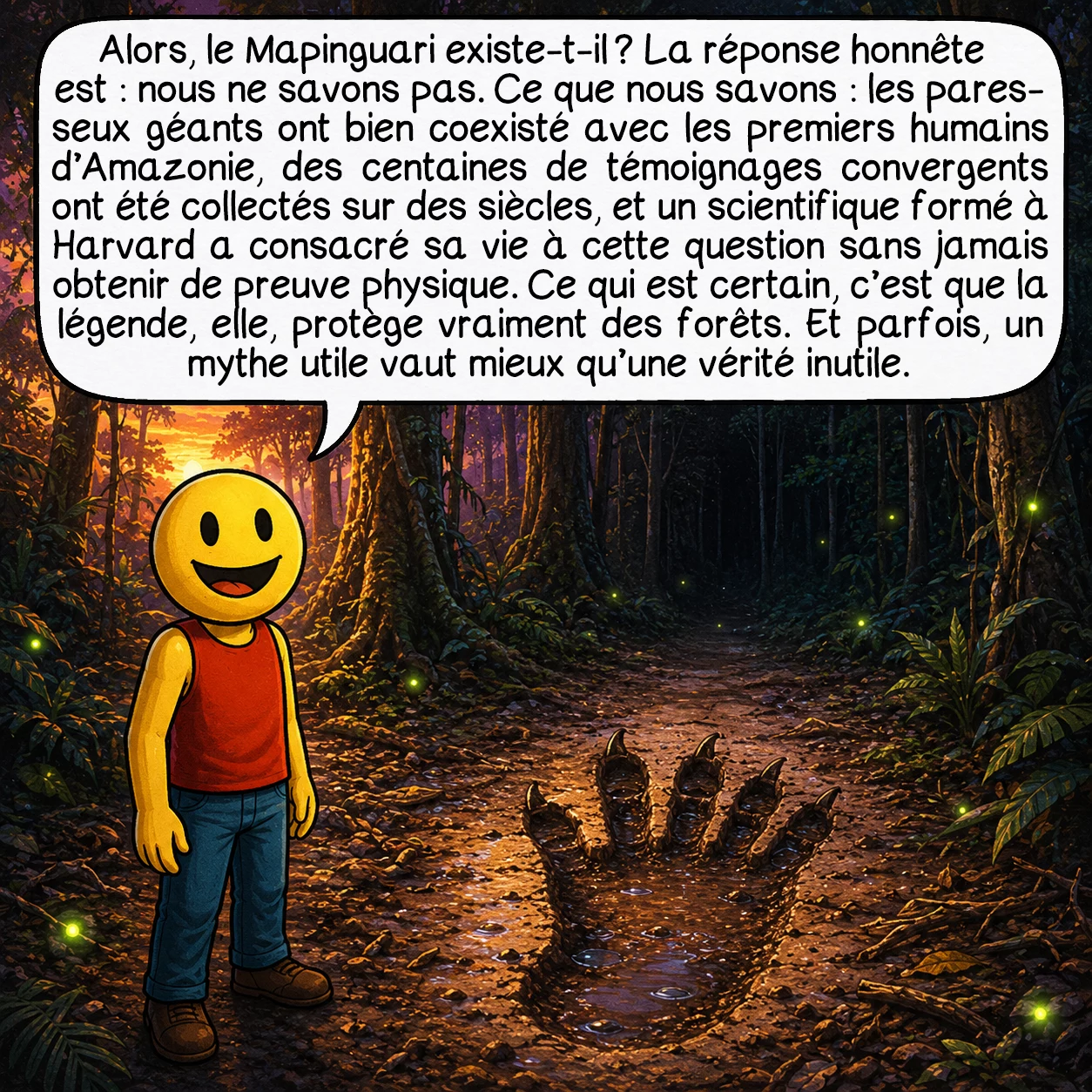 Le Mapinguari, case 10 : Alors, le Mapinguari existe-t-il ? La réponse honnête est : nous ne savons pas. Ce que nous savons : les paresseux géants ont bien coexisté avec les premiers humains d’Amazonie, des centaines de témoignages convergents ont été collectés sur des siècles, et un scientifique formé à Harvard a consacré sa vie à cette question sans jamais obtenir de preuve physique. Ce qui est certain, c’est que la légende, elle, protège vraiment des forêts. Et parfois, un mythe utile vaut mieux qu’une vérité inutile.