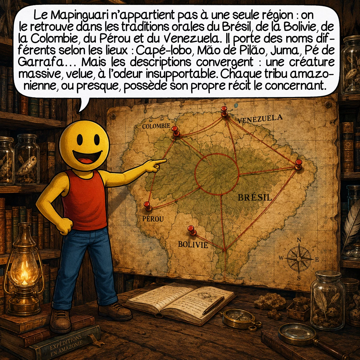 Le Mapinguari, case 2 : Le Mapinguari n’appartient pas à une seule région : on le retrouve dans les traditions orales du Brésil, de la Bolivie, de la Colombie, du Pérou et du Venezuela. Il porte des noms différents selon les lieux — Capé-lobo, Mão de Pilão, Juma, Pé de Garrafa — mais les descriptions convergent : une créature massive, velue, à l’odeur insupportable. Chaque tribu amazonienne, ou presque, possède son propre récit le concernant.