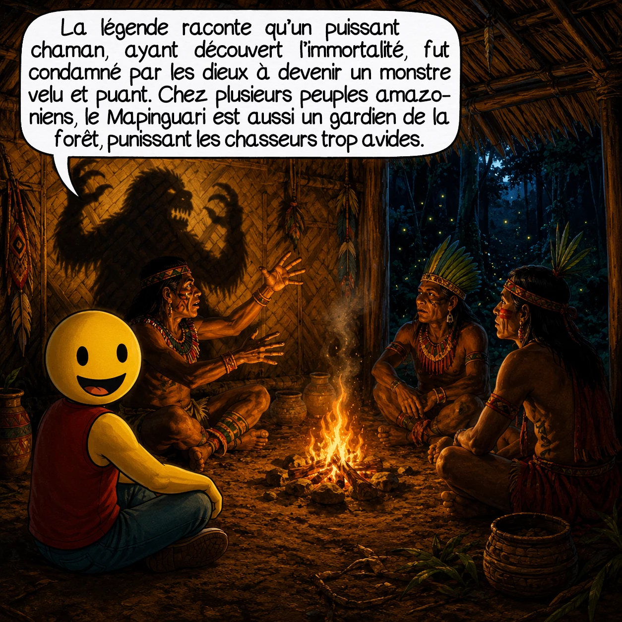 Le Mapinguari, case 3 : La légende la plus répandue dit qu’un puissant chaman — un pajé — découvrit le secret de l’immortalité. Les dieux, furieux de cette transgression, le condamnèrent à errer pour l’éternité sous la forme d’un monstre velu et puant. Mais dans de nombreuses tribus, Juruna, Arara ou Kagwahiva, le Mapinguari n’est pas qu’une punition divine : il est un gardien actif de la forêt, qui traque et châtie les chasseurs qui tuent plus que le nécessaire.