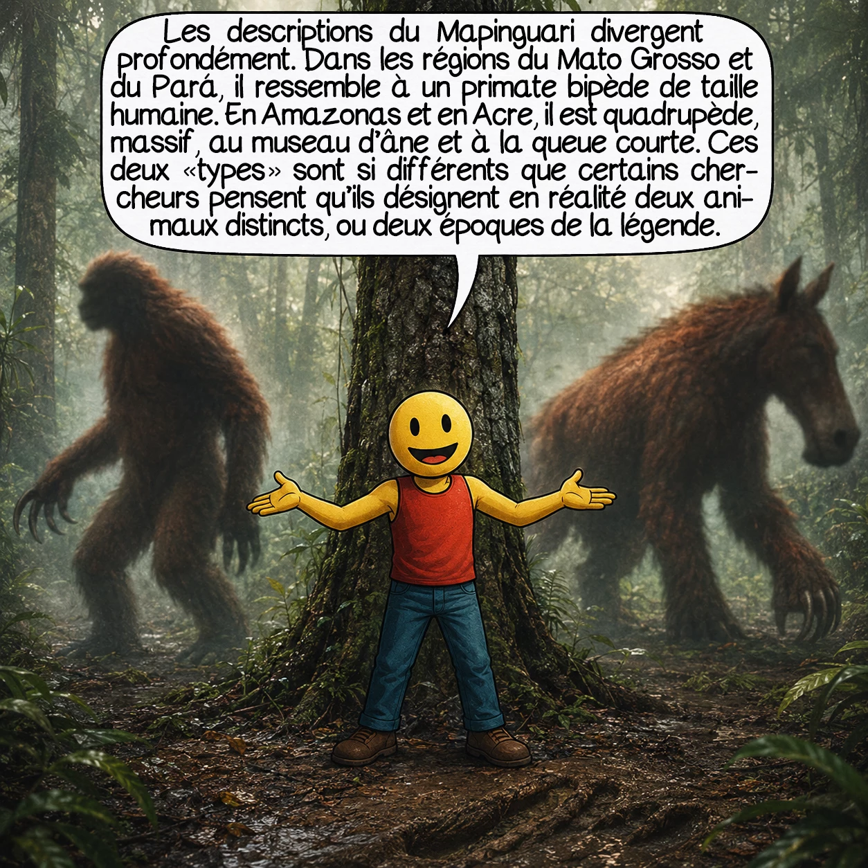 Le Mapinguari, case 4 : Le Mapinguari n’a pas un seul visage : les descriptions divergent profondément selon les régions. Dans le Mato Grosso et le Pará, il ressemble à un primate bipède de taille humaine. En Amazonas et en Acre, il est plutôt quadrupède, massif, au museau d’âne et à la queue courte. Ces deux « types » sont si différents que certains chercheurs pensent qu’ils désignent en réalité deux animaux distincts — ou deux époques de la légende.