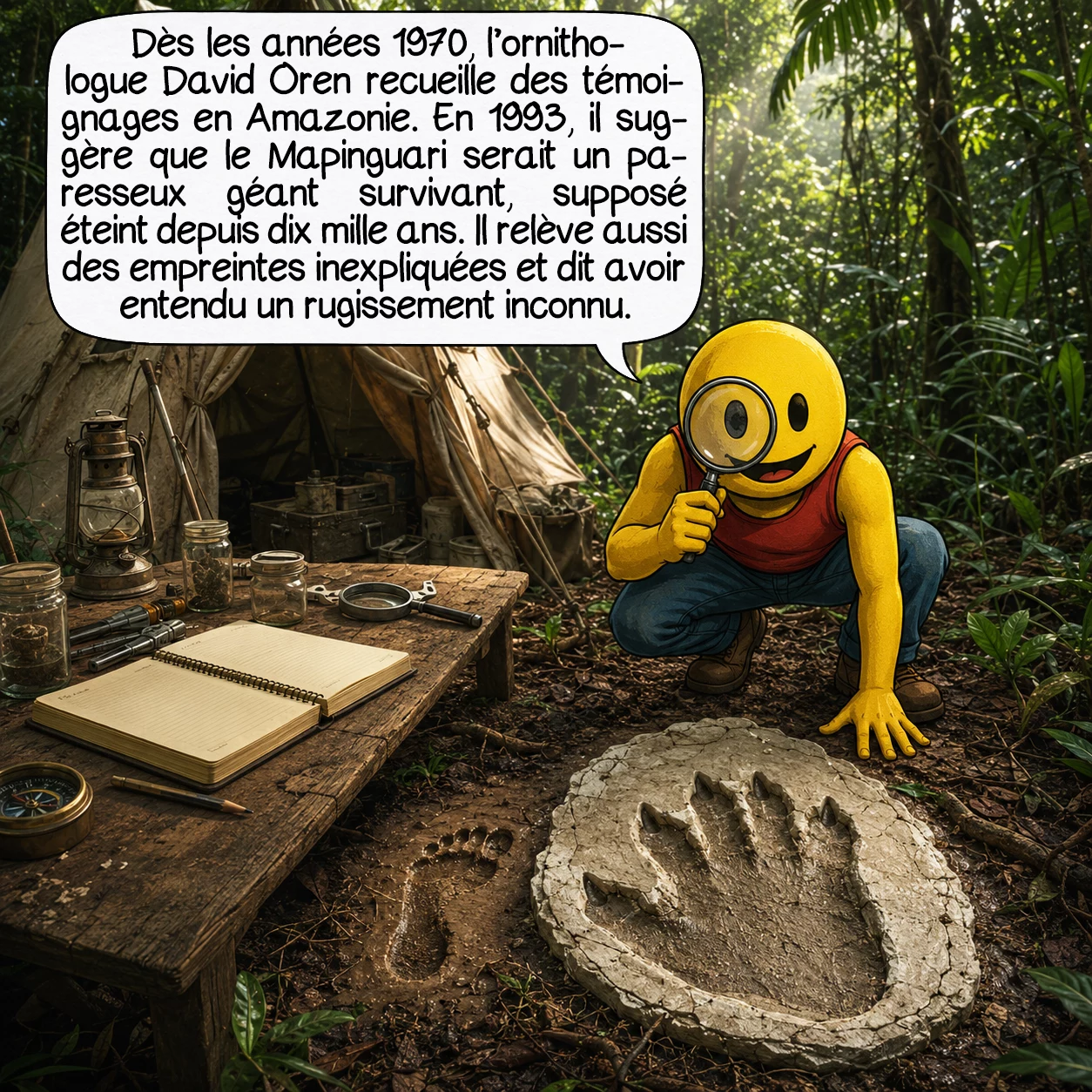 Le Mapinguari, case 5 : À partir des années 1970, l’ornithologue américain David Oren — diplômé de Yale et Harvard — passe des décennies à recueillir des témoignages dans l’État d’Amazonas. Il mène environ cinquante entretiens avec des Indiens, des exploitants de caoutchouc, des mineurs. En 1993, il publie une hypothèse sérieuse : le Mapinguari serait une espèce vivante de paresseux géant terrestre, que l’on croyait éteinte depuis dix mille ans. Il réalise des moulages d’empreintes non identifiées et affirme avoir entendu personnellement, lors d’une expédition, un rugissement inconnu durant quarante-cinq secondes.