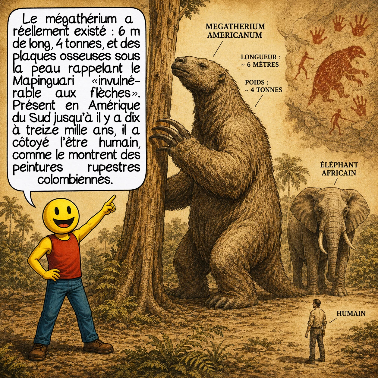 Le Mapinguari, case 6 : Le Megatherium americanum a vraiment existé : six mètres de long, quatre tonnes, plus grand qu’un éléphant. Il vivait en Amérique du Sud jusqu’à il y a environ dix à treize mille ans. Crucial : il possédait des ossicules dermiques — des plaques osseuses sous la peau — qui le rendaient résistant aux impacts, ce qui correspond exactement aux descriptions d’un Mapinguari « invulnérable aux flèches ». Des peintures rupestres découvertes en Colombie, datées de douze mille cinq cents ans, montrent des humains aux côtés de paresseux géants : ils se sont bel et bien côtoyés.