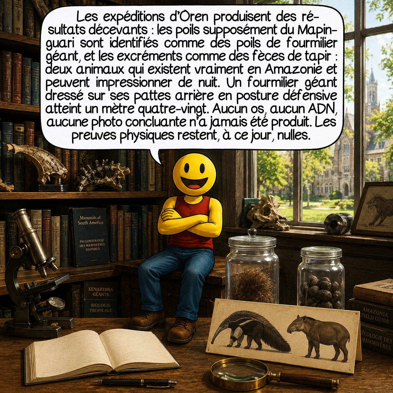 Le Mapinguari, case 7 : Les expéditions d’Oren produisent des résultats décevants sur le plan physique : les poils supposément du Mapinguari sont identifiés comme des poils de fourmilier géant, et les excréments comme des fèces de tapir — deux animaux qui existent vraiment en Amazonie et peuvent impressionner de nuit. Un fourmilier géant dressé sur ses pattes arrière en posture défensive atteint un mètre quatre-vingt. Aucun os, aucun ADN, aucune photo concluante n’a jamais été produit. Les preuves physiques restent, à ce jour, nulles.