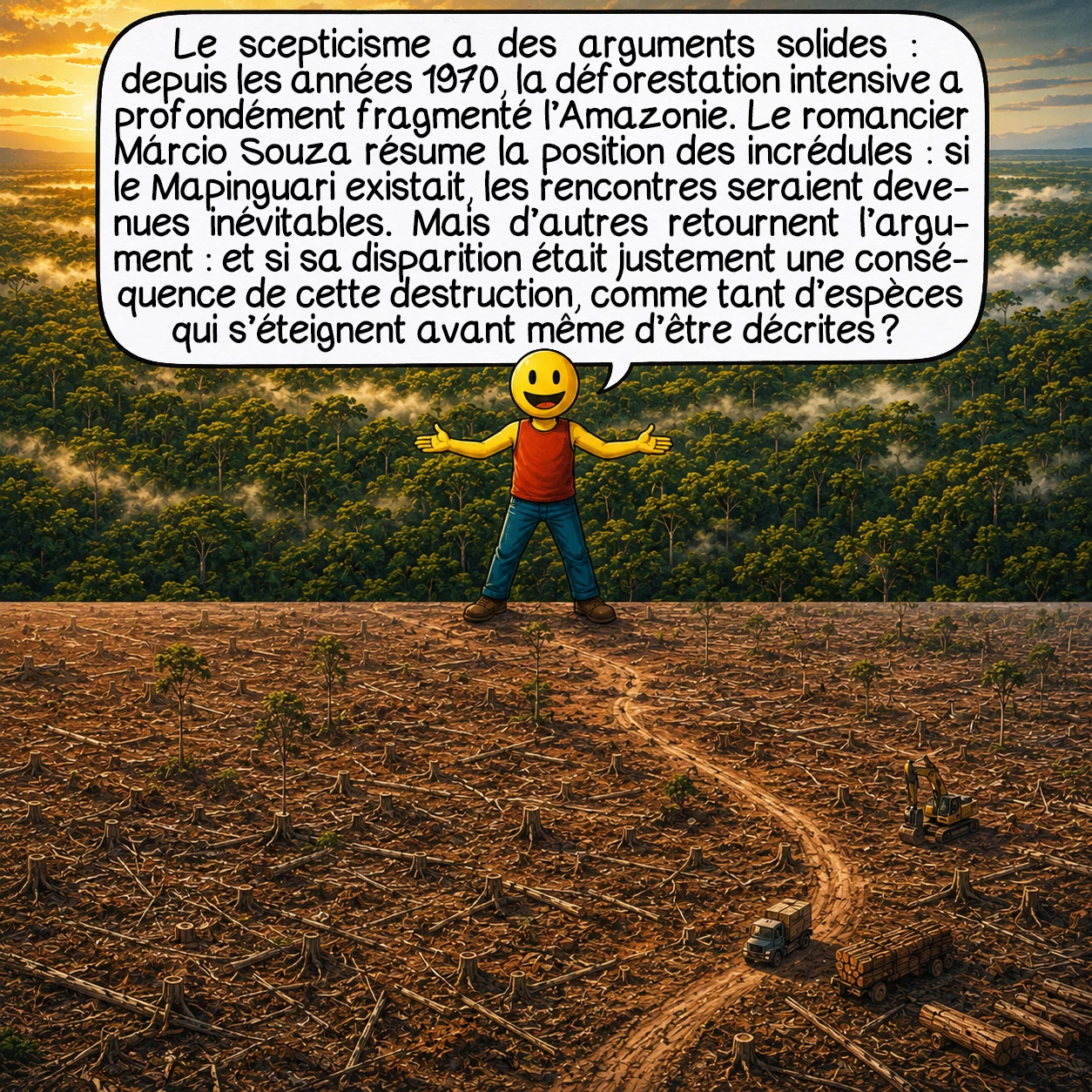 Le Mapinguari, case 8 : Le scepticisme a des arguments solides : depuis les années 1970, la déforestation intensive de l’Amazonie a profondément fragmenté l’habitat. Le romancier Márcio Souza résume la position des incrédules : si le Mapinguari existait vraiment, la déforestation aurait rendu les rencontres inévitables. Mais d’autres retournent l’argument : et si la disparition de la créature était précisément une conséquence de cette destruction ? Comme tant d’espèces non encore décrites officiellement qui disparaissent avant d’être identifiées.