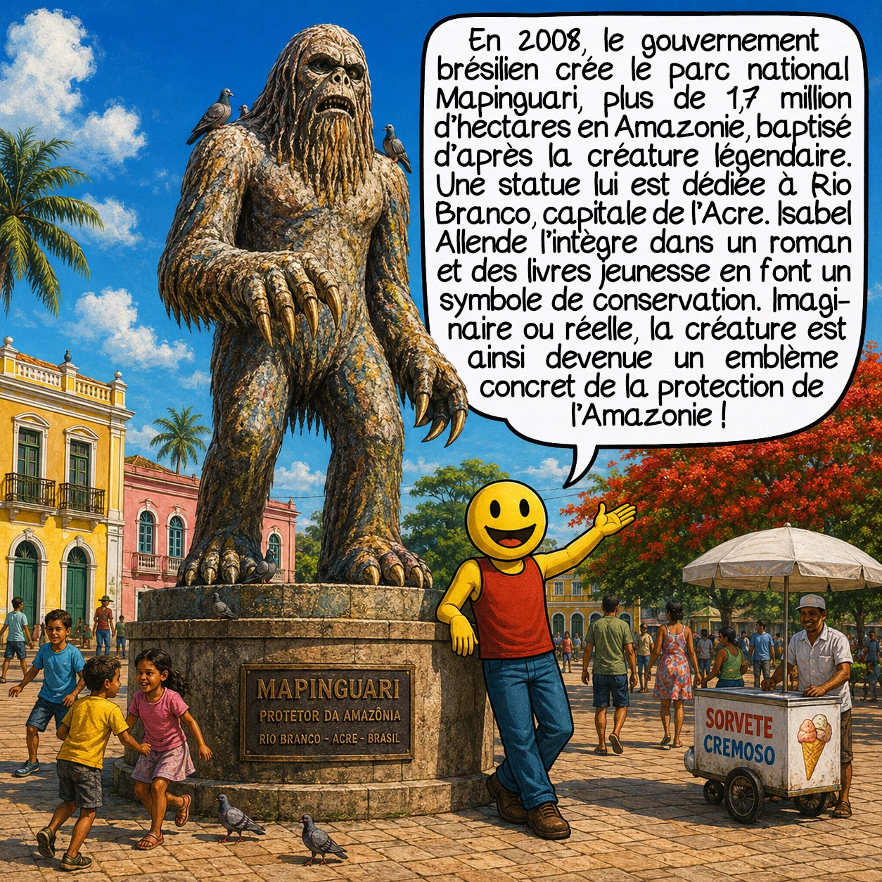 Le Mapinguari, case 9 : En 2008, le gouvernement brésilien crée le parc National Mapinguari — plus d’un million sept cent mille hectares en Amazonie, baptisé en l’honneur de la créature légendaire. Une statue publique lui est dédiée à Rio Branco, capitale de l’État d’Acre. Isabel Allende l’intègre dans un roman, des livres jeunesse lui donnent un rôle conservateur. La créature imaginaire ou réelle est devenue un symbole concret de la protection de l’Amazonie — et ça, c’est parfaitement vérifiable.