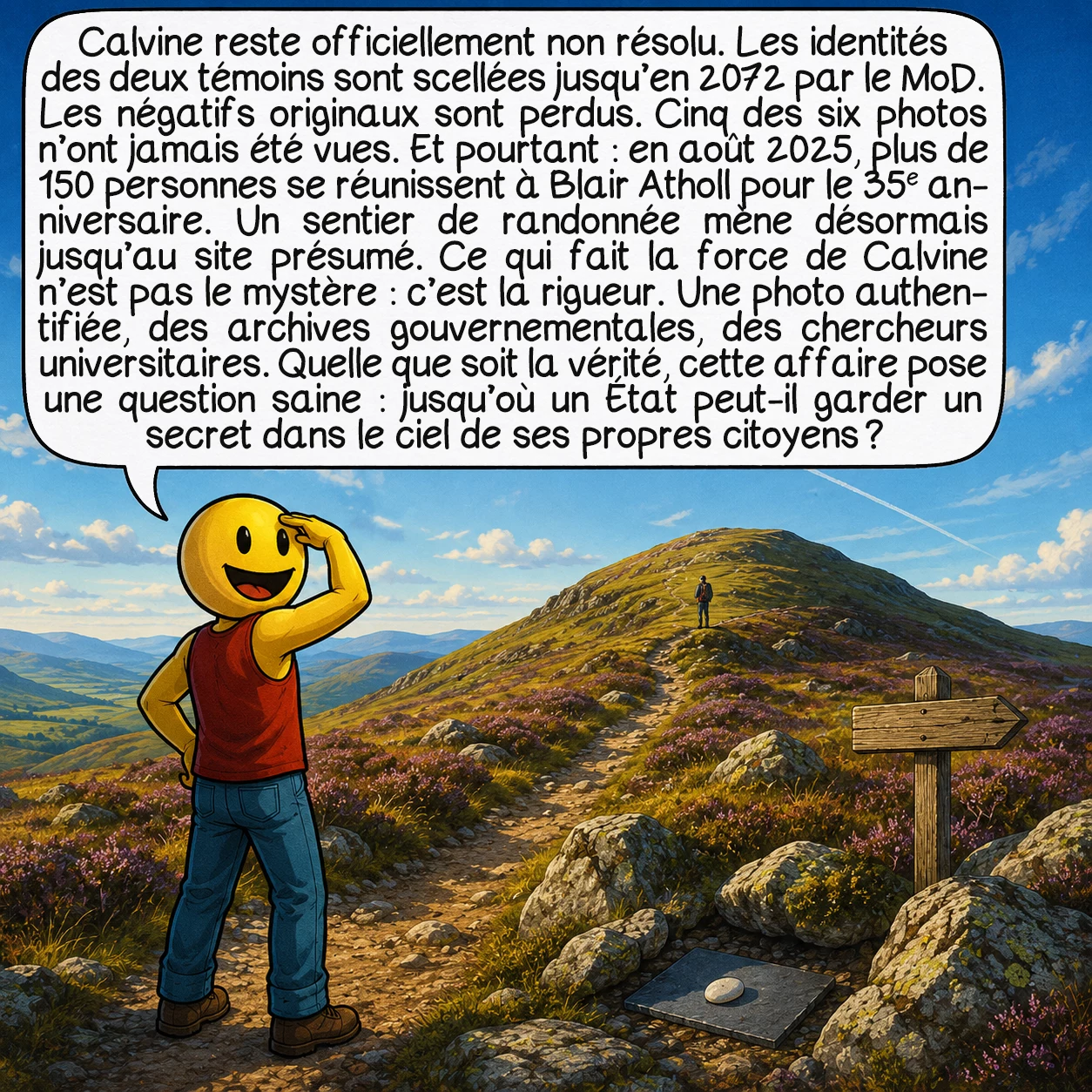 L’incident de Calvine, case 10 : Calvine reste officiellement non résolu. Les identités des deux témoins sont scellées jusqu’en 2072 par le MoD. Les négatifs originaux sont perdus. Cinq des six photos n’ont jamais été vues. Et pourtant : en août 2025, plus de 150 personnes se réunissent à Blair Atholl pour le 35e anniversaire. Un sentier de randonnée mène désormais jusqu’au site présumé. Ce qui fait la force de Calvine n’est pas le mystère — c’est la rigueur : une photo authentifiée, des archives gouvernementales, des chercheurs universitaires. Quelle que soit la vérité, cette affaire pose une question saine : jusqu’où un État peut-il garder un secret dans le ciel de ses propres citoyens ?