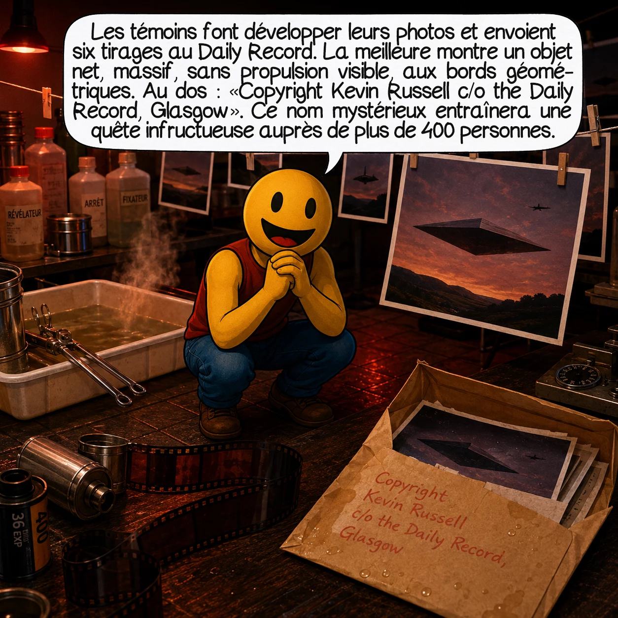 L’incident de Calvine, case 2 : Les témoins font développer leurs photos et envoient six tirages couleur au Daily Record, grand quotidien écossais. La meilleure image est saisissante : l’objet est net, massif, sans aucun moyen de propulsion visible, ses bords rigoureusement géométriques. Au dos d’un tirage, quelqu’un inscrit au crayon gras rouge : « Copyright Kevin Russell c/o the Daily Record, Glasgow ». Ce nom mystérieux sera au cœur d’une quête infructueuse de plus de 400 personnes contactées dans le monde entier.