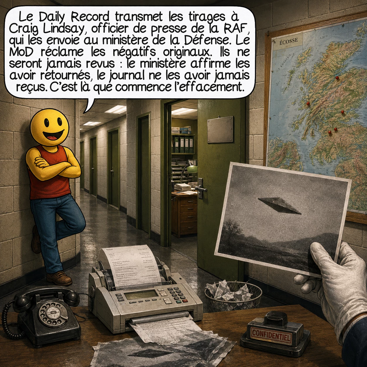L’incident de Calvine, case 3 : Le rédacteur photo du Daily Record transmet les tirages à Craig Lindsay, officier de presse de la RAF à Pitreavie Castle. Lindsay photocopie immédiatement l’image et la télécopie au ministère de la Défense à Londres. Le MoD réclame les négatifs originaux, que le journal envoie docilement. Ils n’ont jamais été revus. Le MoD affirme les avoir retournés ; le Daily Record jure ne jamais les avoir reçus. C’est là que commence l’effacement.