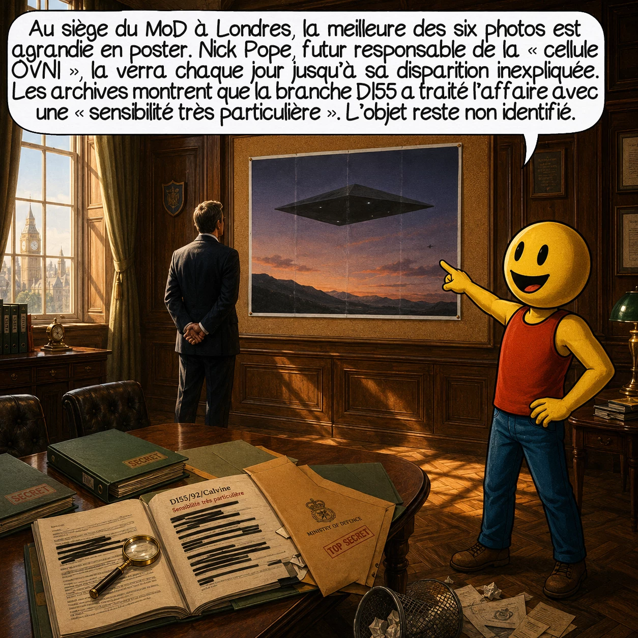 L’incident de Calvine, case 4 : Au siège du MoD à Londres, la meilleure des six photos est agrandie en format poster et accrochée au mur d’un bureau de la section Secretariat Air Staff 2a. Nick Pope, futur responsable de la « cellule OVNI » du MoD de 1991 à 1994, la verra tous les jours — jusqu’au matin où son supérieur la décroche sans explication. Les documents déclassifiés confirment que la branche DI55, spécialisée en missiles et défense aérienne, a traité l’affaire avec la mention « sensibilité très particulière ». L’objet reste officiellement non identifié.