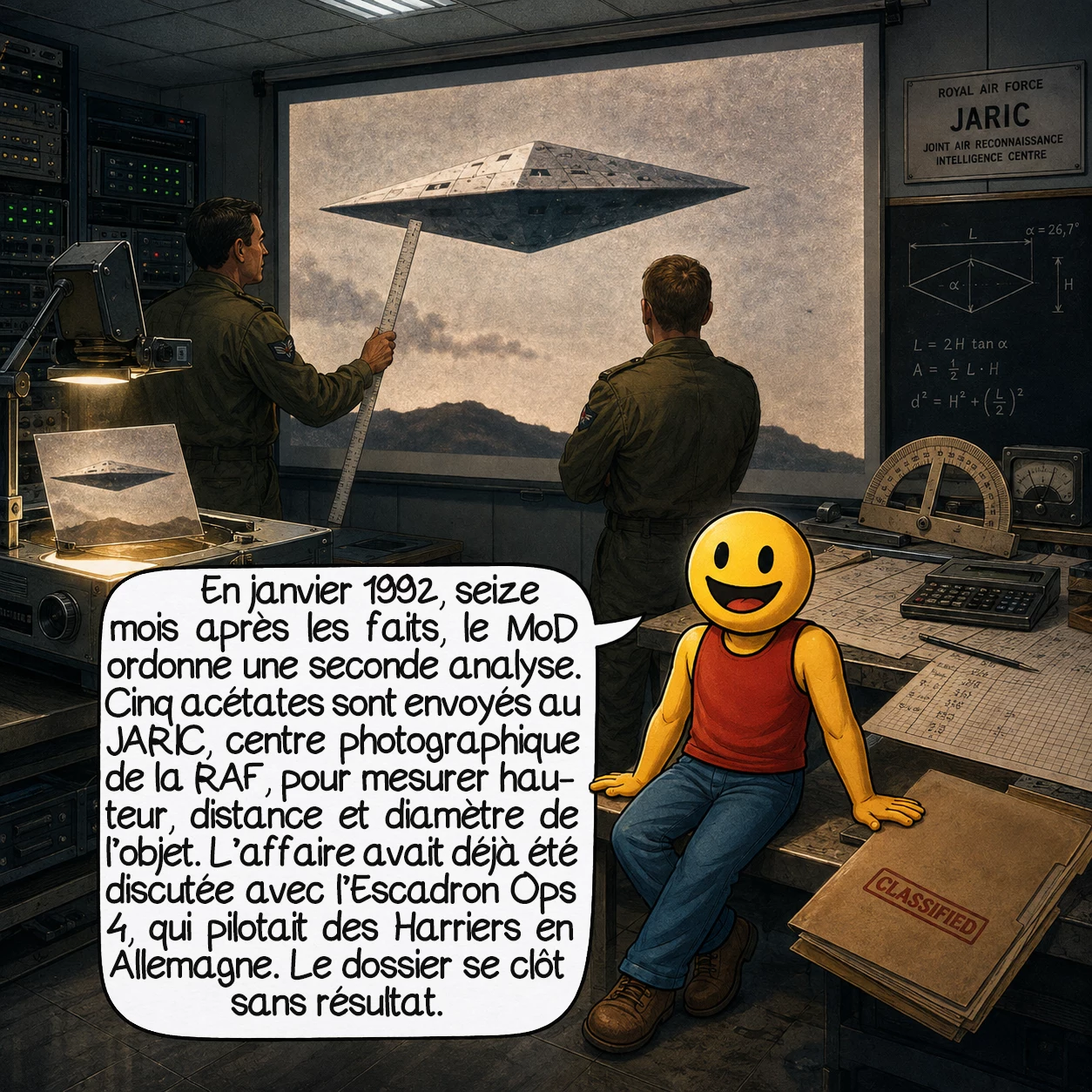L’incident de Calvine, case 5 : En janvier 1992, soit 16 mois après les faits, le MoD ordonne une deuxième analyse. Cinq acétates tirés des négatifs originaux sont envoyés au JARIC — le Centre de renseignement photographique de la RAF — pour être projetés en grand sur écran et mesurés avec précision. La mission : calculer hauteur, distance et « diamètre réel de l’objet si possible ». Le document de mission précise que l’affaire a déjà été « discutée avec l’Escadron Ops 4′ — celui qui pilotait des Harriers en Allemagne en 1990. Puis le dossier se clôt sans résultat public.