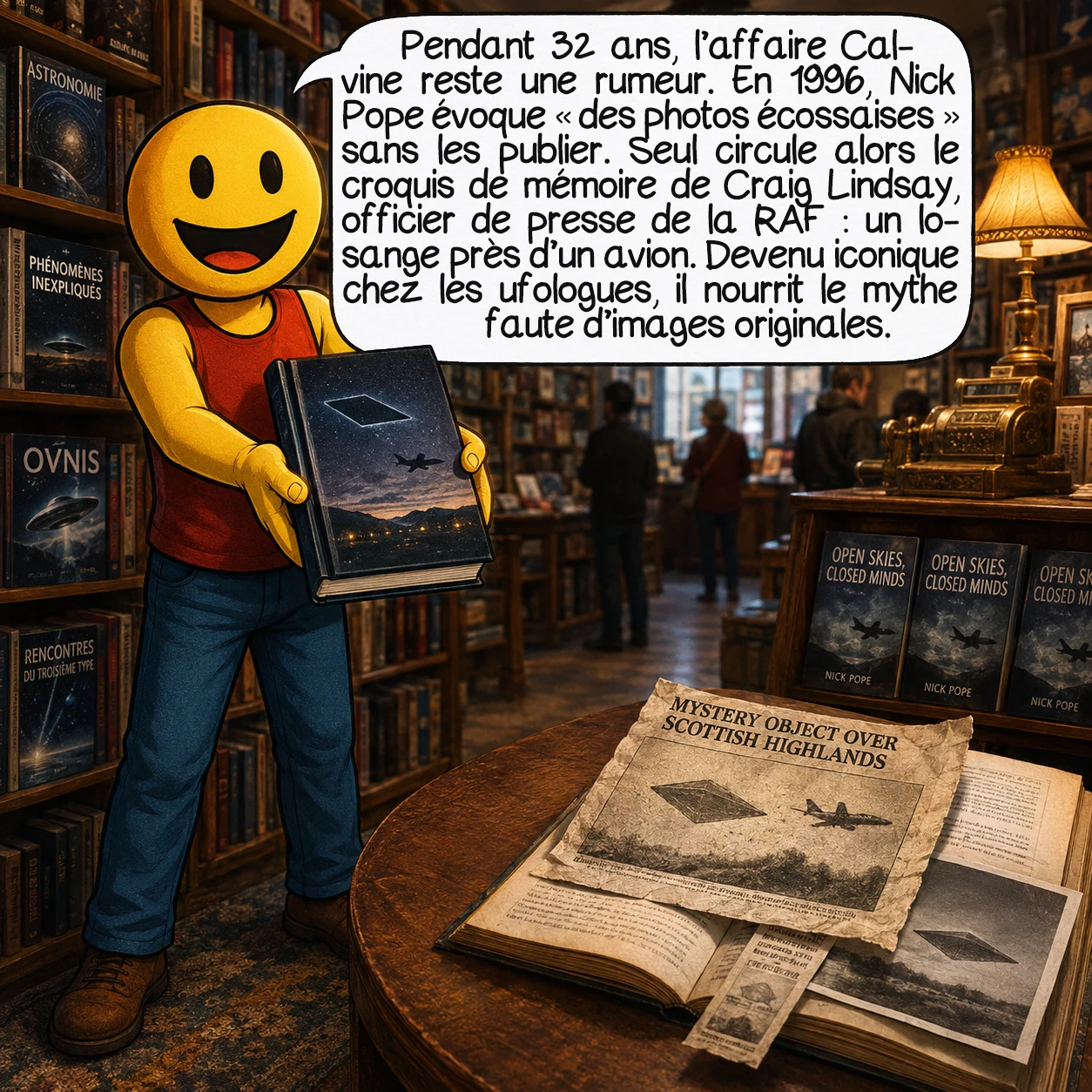 L’incident de Calvine, case 6 : Pendant 32 ans, l’affaire Calvine n’existe pour le public que comme une rumeur. En 1996, Nick Pope mentionne brièvement « des photos écossaises » dans son livre « Open Skies, Closed Minds » — sans images. Ce que le monde connaît alors, c’est uniquement le croquis dessiné de mémoire par Craig Lindsay, l’officier de presse de la RAF qui avait vu les originaux. Ce croquis — un losange à côté d’un avion — circule dans les cercles ufologiques comme une icône. L’absence de preuve visuelle réelle renforce paradoxalement le mythe.