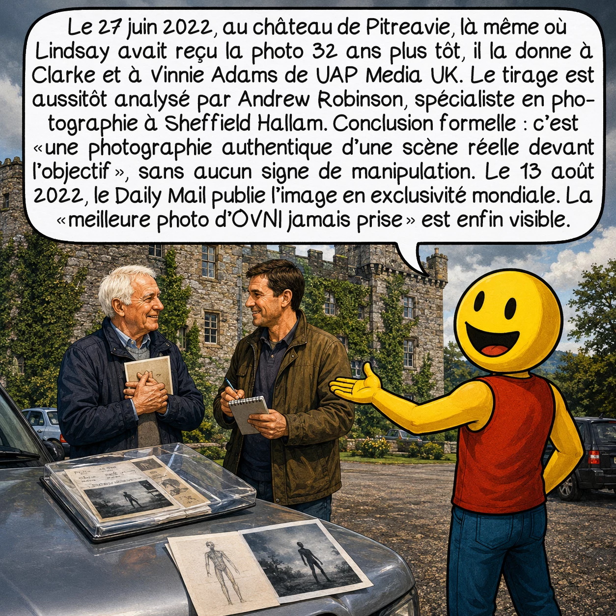 L’incident de Calvine, case 8 : Le 27 juin 2022, au château de Pitreavie — là même où Lindsay avait reçu la photo 32 ans plus tôt — il la donne à Clarke et à Vinnie Adams de UAP Media UK. Le tirage est aussitôt analysé par Andrew Robinson, spécialiste en photographie à Sheffield Hallam : conclusion formelle — c’est « une photographie authentique d’une scène réelle devant l’objectif », sans aucun signe de manipulation. Le 13 août 2022, le Daily Mail publie l’image en exclusivité mondiale. La « meilleure photo d’OVNI jamais prise » est enfin visible.