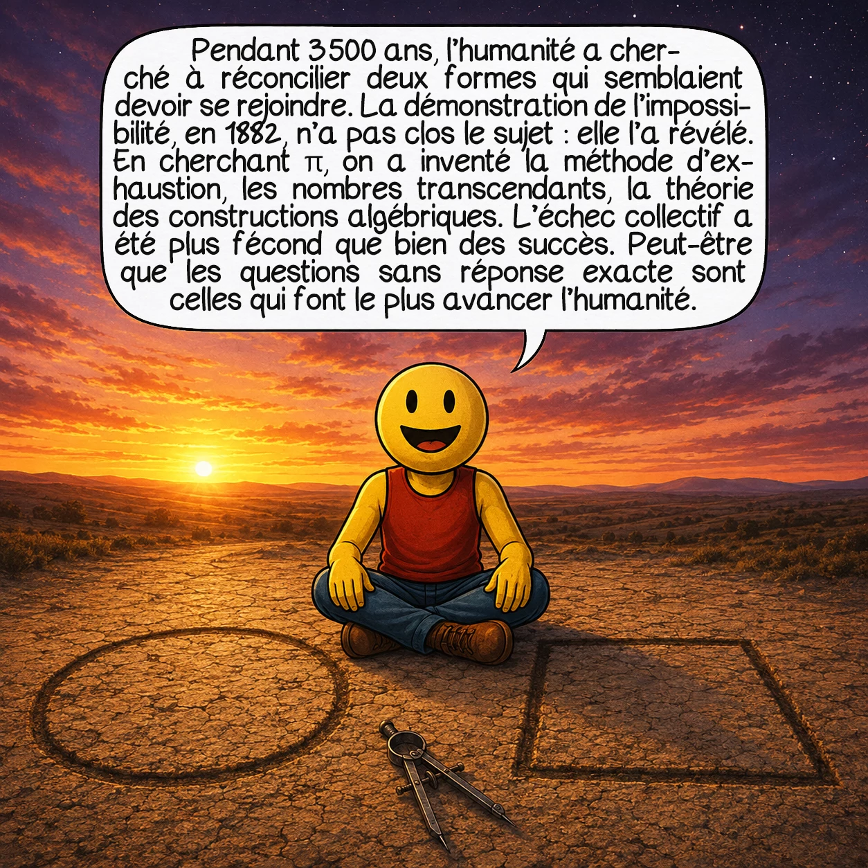 La quadrature du cercle, case 10 : Voilà ce que nous dit ce problème millénaire : pendant 3 500 ans, l’humanité a cherché à réconcilier deux formes qui semblaient devoir se rejoindre. La démonstration de l’impossibilité, en 1882, n’a pas clos le sujet — elle l’a révélé. En cherchant π, on a inventé la méthode d’exhaustion, les nombres transcendants, la théorie des constructions algébriques. L’échec collectif a été plus fécond que bien des succès. Peut-être que les questions sans réponse exacte sont celles qui font le plus avancer l’humanité.