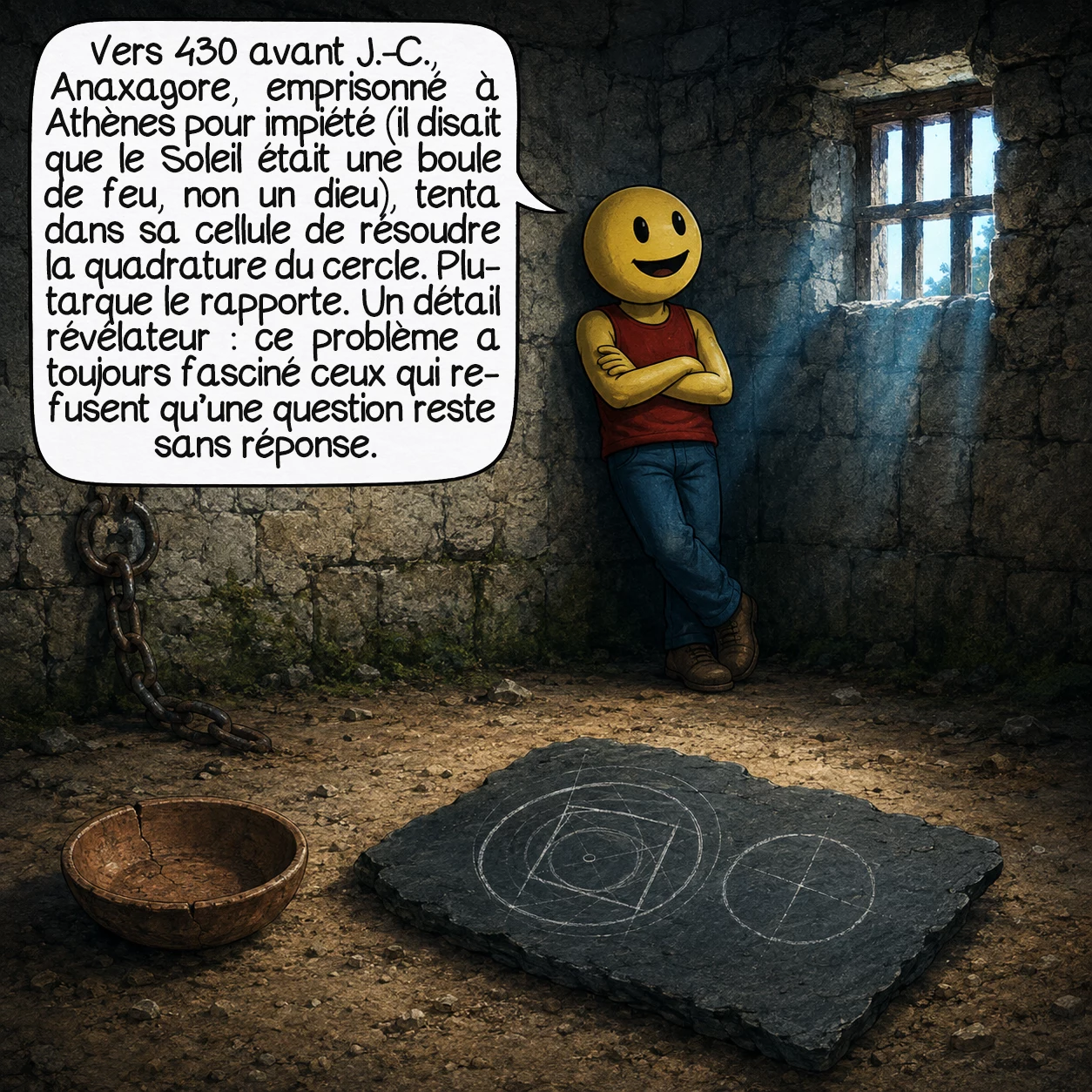 La quadrature du cercle, case 3 : C’est dans cette obscurité qu’est né le premier « quadrateur » connu de l’histoire. Vers 430 avant J.-C., le philosophe Anaxagore, emprisonné à Athènes pour impiété — il avait osé dire que le Soleil est une boule de feu, pas un dieu —, tenta de résoudre la quadrature du cercle dans sa cellule. L’historien Plutarque nous le rapporte. Ce détail révèle quelque chose d’essentiel : ce problème a toujours attiré les esprits rebelles, ceux qui refusent de tolérer qu’une question puisse rester sans réponse.