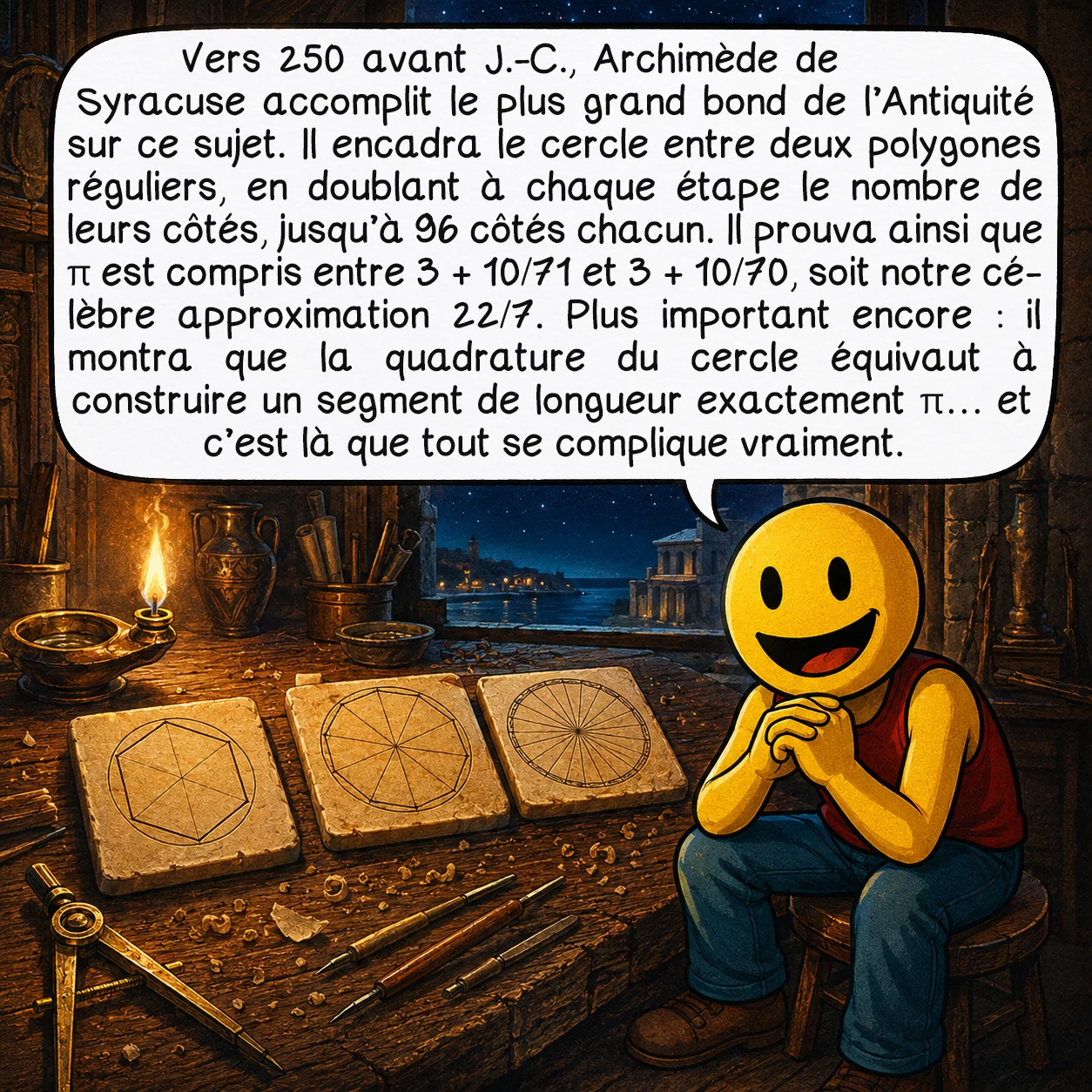 La quadrature du cercle, case 4 : Vers 250 avant J.-C., Archimède de Syracuse accomplit le plus grand bond de l’Antiquité sur ce sujet. Il encadra le cercle entre deux polygones réguliers, en doublant à chaque étape le nombre de leurs côtés — jusqu’à 96 côtés chacun. Il prouva ainsi que π est compris entre 3 + 10/71 et 3 + 10/70, soit notre célèbre approximation 22/7. Plus important encore : il montra que la quadrature du cercle équivaut à construire un segment de longueur exactement π — et c’est là que tout se complique vraiment.