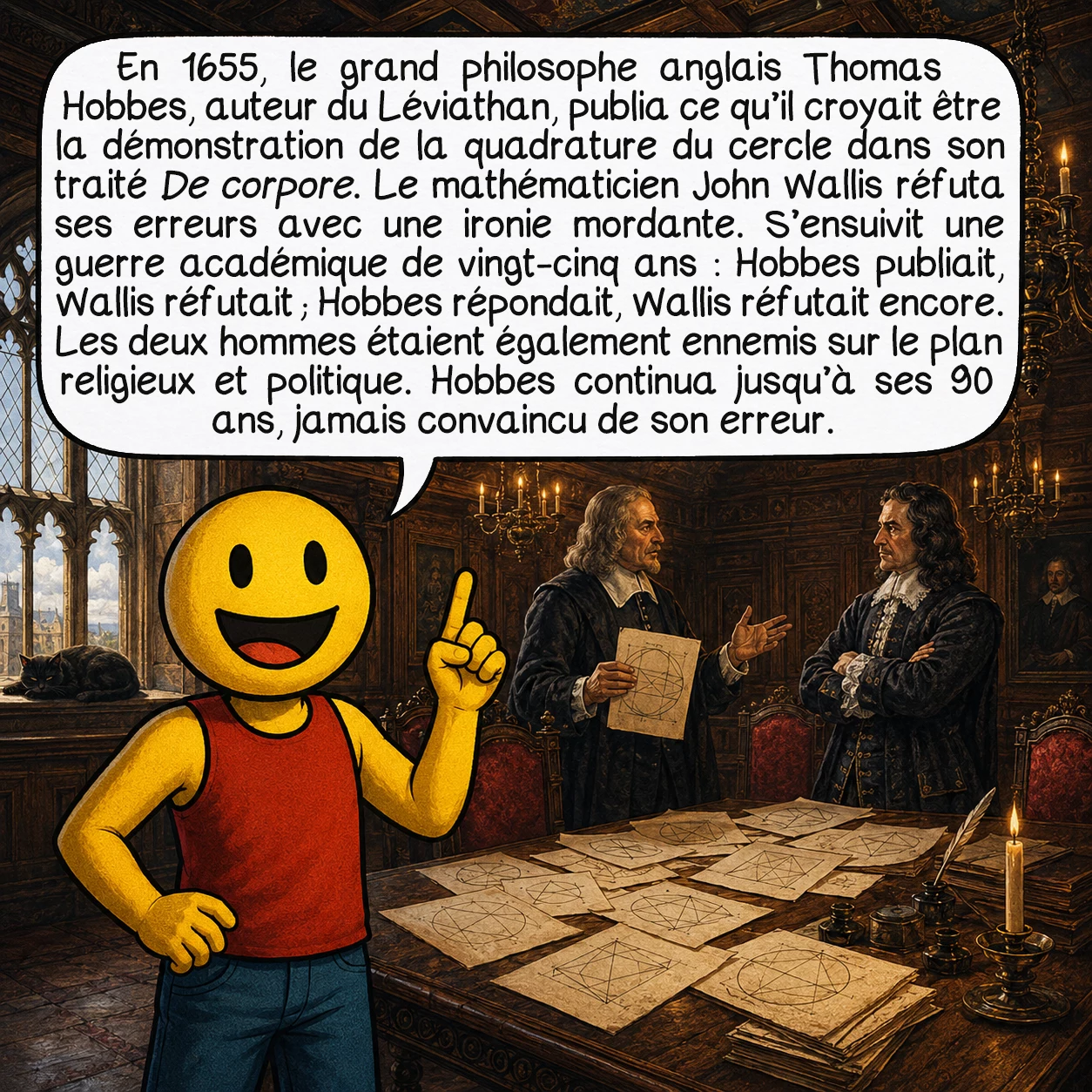 La quadrature du cercle, case 5 : En 1655, le grand philosophe anglais Thomas Hobbes — auteur du Léviathan — publia ce qu’il croyait être la démonstration de la quadrature du cercle dans son traité De Corpore. Le mathématicien John Wallis réfuta ses erreurs avec une ironie mordante. S’ensuivit une guerre académique de vingt-cinq ans : Hobbes publiait, Wallis réfutait ; Hobbes répondait, Wallis réfutait encore. Les deux hommes étaient également ennemis sur le plan religieux et politique. Hobbes continua jusqu’à ses 90 ans, jamais convaincu de son erreur.