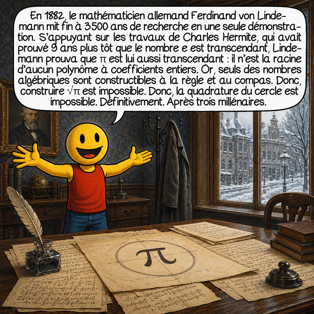 La quadrature du cercle, case 7 : En 1882, le mathématicien allemand Ferdinand von Lindemann mit fin à 3 500 ans de recherche en une seule démonstration. S’appuyant sur les travaux de Charles Hermite — qui avait prouvé neuf ans plus tôt que le nombre e est transcendant —, Lindemann prouva que π est lui aussi transcendant : il n’est la racine d’aucun polynôme à coefficients entiers. Or, seuls des nombres algébriques sont constructibles à la règle et au compas. Donc, construire √π est impossible. Donc, la quadrature du cercle est impossible. Définitivement. Après trois millénaires.