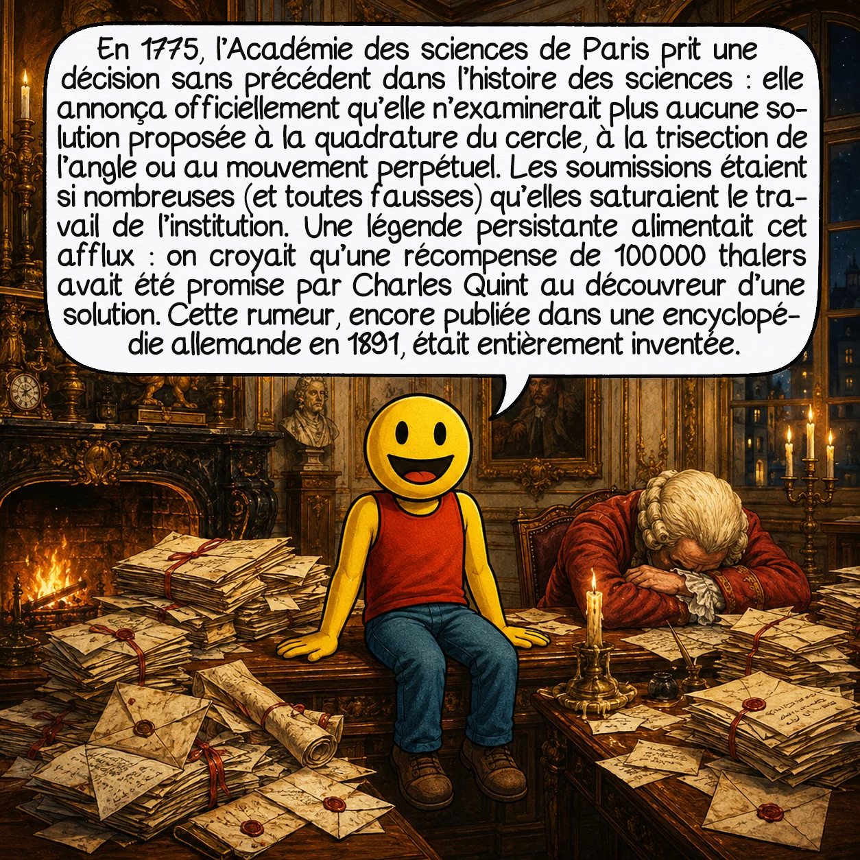 La quadrature du cercle, case 8 : En 1775, l’Académie des sciences de Paris prit une décision sans précédent dans l’histoire des sciences : elle annonça officiellement qu’elle n’examinerait plus aucune solution proposée à la quadrature du cercle, à la trisection de l’angle ou au mouvement perpétuel. Les soumissions étaient si nombreuses — et toutes fausses — qu’elles saturaient le travail de l’institution. Une légende persistante alimentait cet afflux : on croyait qu’une récompense de 100 000 thalers avait été promise par Charles Quint au solutionniste. Cette rumeur, encore publiée dans une encyclopédie allemande en 1891, était entièrement inventée.