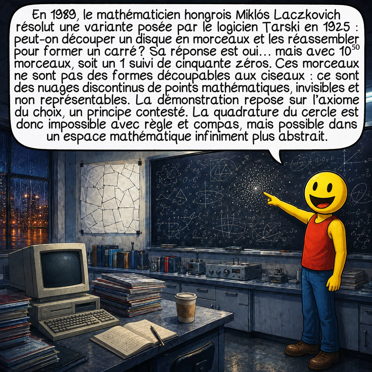 La quadrature du cercle, case 9 : En 1989, le mathématicien hongrois Miklós Laczkovich résolut une variante posée par le logicien Tarski en 1925 : peut-on découper un disque en morceaux et les réassembler pour former un carré ? Sa réponse est oui — mais avec 10⁵⁰ morceaux, soit un 1 suivi de cinquante zéros. Ces morceaux ne sont pas des formes découpables aux ciseaux : ce sont des nuages discontinus de points mathématiques, invisibles et non représentables. La démonstration repose sur l’axiome du choix, un principe contesté. La quadrature du cercle est donc impossible avec règle et compas, mais possible dans un espace mathématique infiniment plus abstrait.
