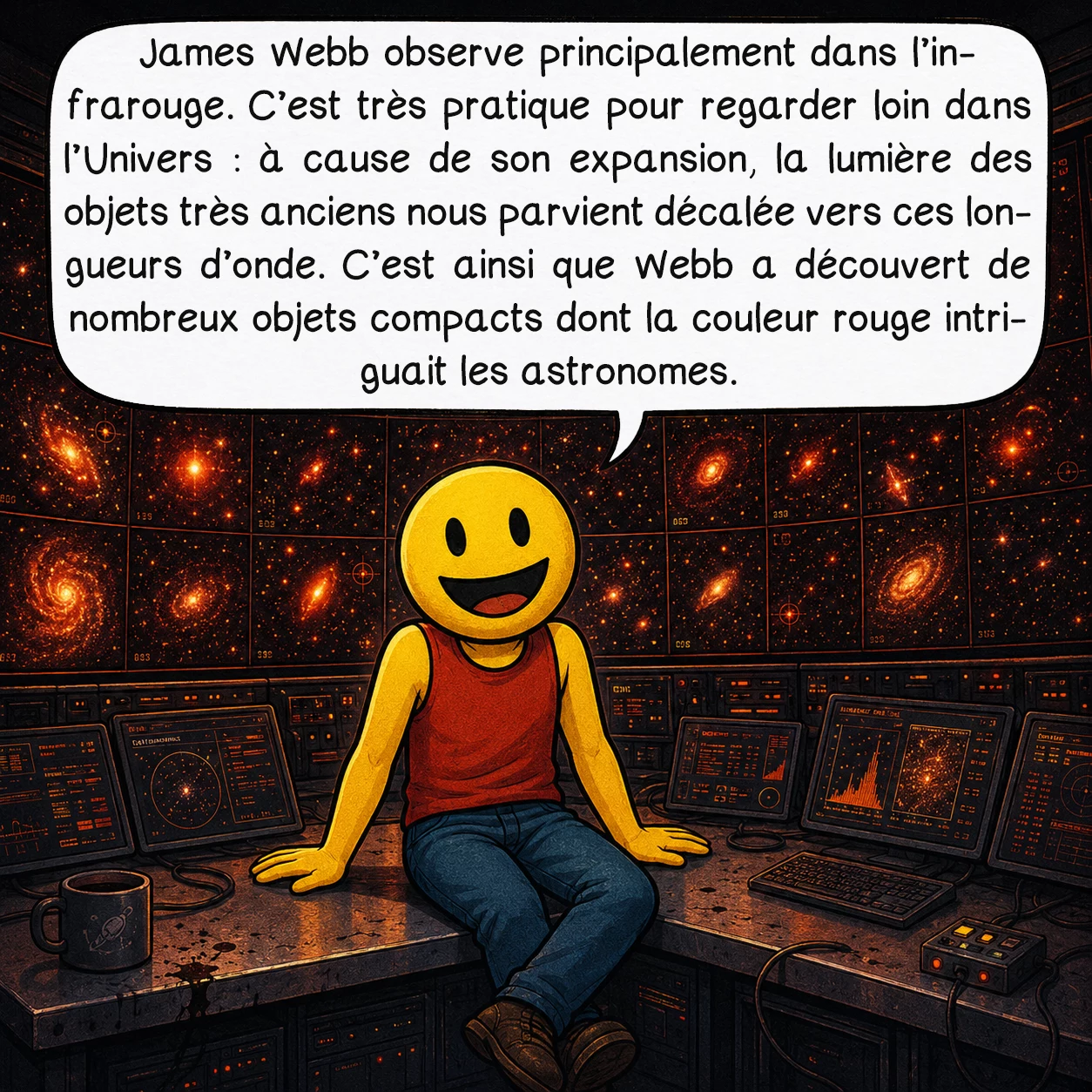 Les petits points rouges, case 2 : James Webb observe principalement dans l’infrarouge. C’est très pratique pour regarder loin dans l’Univers : à cause de son expansion, la lumière des objets très anciens nous parvient décalée vers ces longueurs d’onde. C’est ainsi que Webb a découvert de nombreux objets compacts dont la couleur rouge intriguait les astronomes.