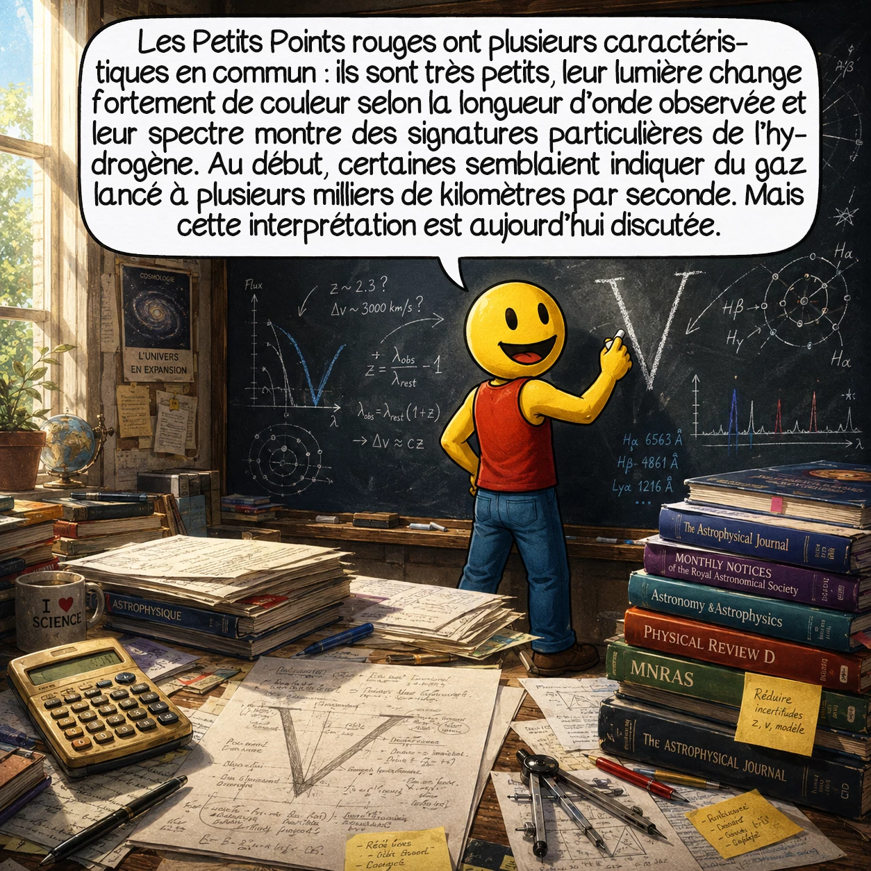 Les petits points rouges, case 3 : Les Petits Points rouges ont plusieurs caractéristiques en commun : ils sont très petits, leur lumière change fortement de couleur selon la longueur d’onde observée et leur spectre montre des signatures particulières de l’hydrogène. Au début, certaines semblaient indiquer du gaz lancé à plusieurs milliers de kilomètres par seconde. Mais cette interprétation est aujourd’hui discutée.