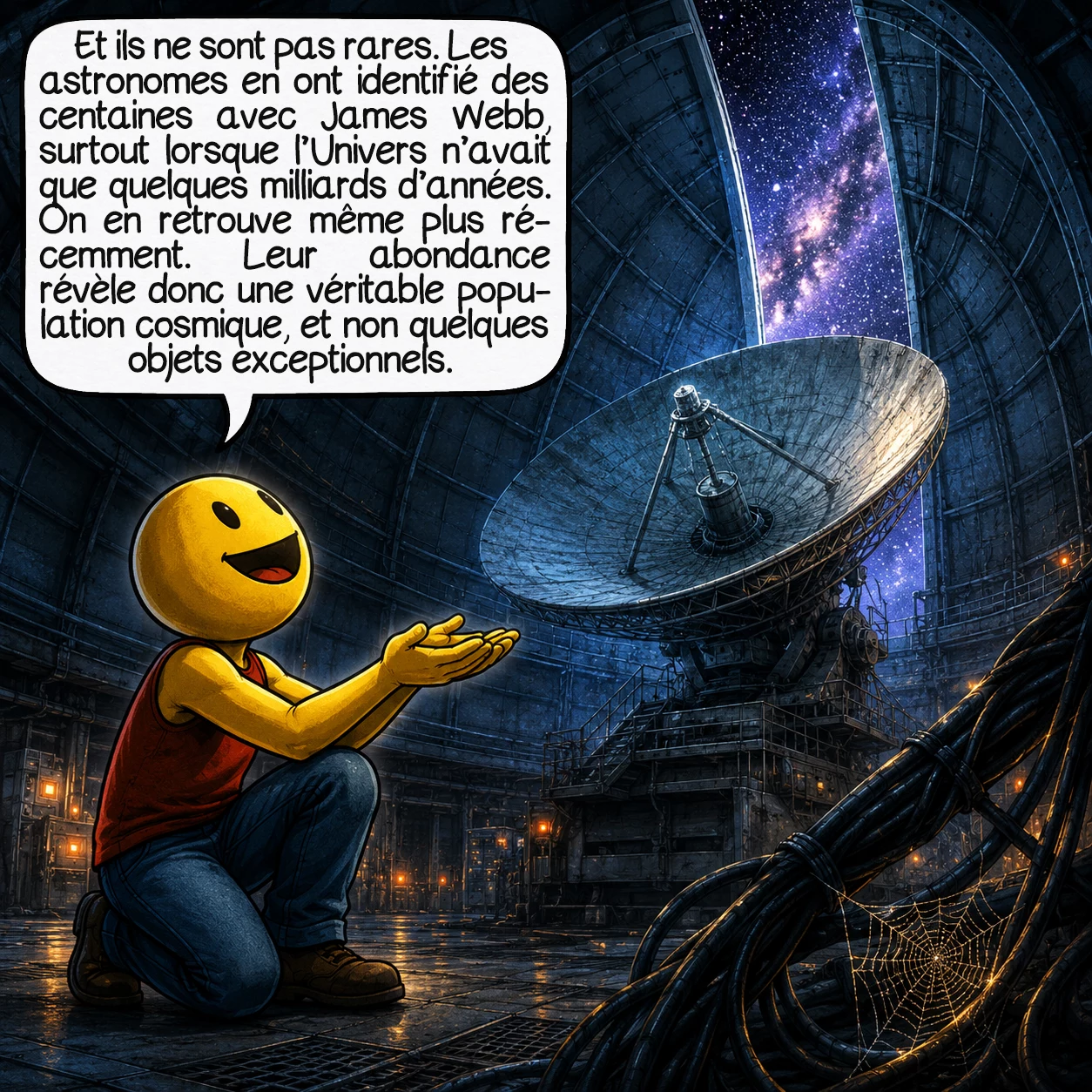 Les petits points rouges, case 4 : Et ils ne sont pas rares. Les astronomes en ont identifié des centaines de candidats dans les observations de James Webb, surtout à une époque où l’Univers n’avait encore que quelques milliards d’années. On en a même retrouvé à des époques plus récentes. Leur abondance montre qu’il ne s’agit probablement pas de quelques objets exceptionnels, mais d’une véritable population cosmique.