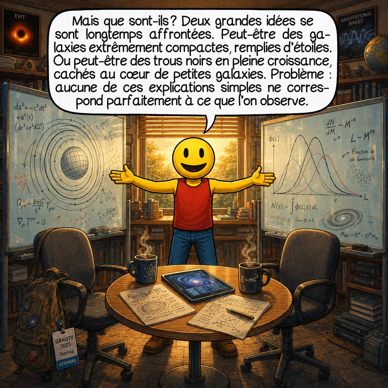 Les petits points rouges, case 5 : Mais que sont-ils ? Deux grandes idées se sont longtemps affrontées. Peut-être des galaxies extrêmement compactes, remplies d’étoiles. Ou peut-être des trous noirs en pleine croissance, cachés au cœur de petites galaxies. Problème : aucune de ces explications simples ne correspond parfaitement à ce que l’on observe.