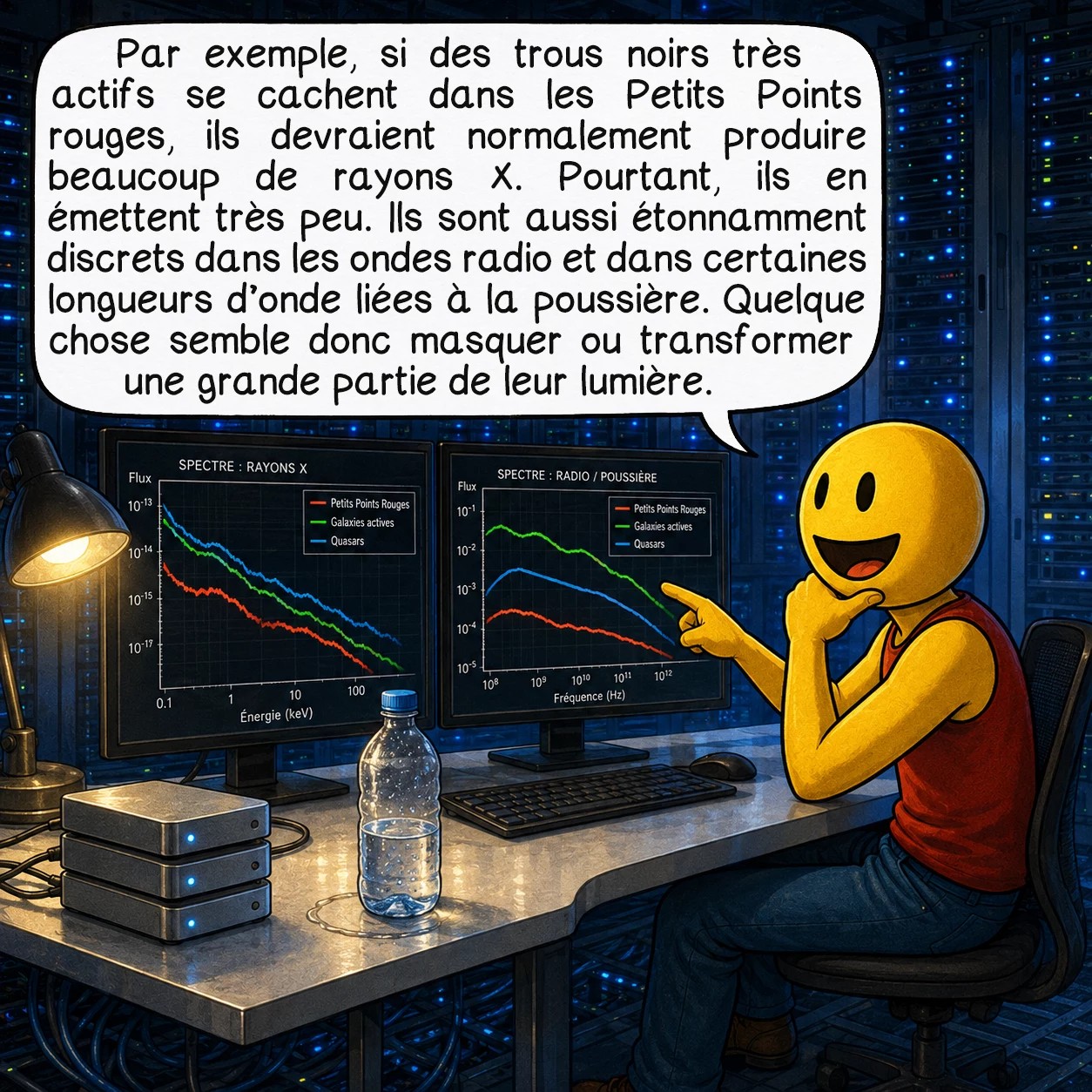 Les petits points rouges, case 6 : Par exemple, si des trous noirs très actifs se cachent dans les Petits Points rouges, ils devraient normalement produire beaucoup de rayons X. Pourtant, ils en émettent très peu. Ils sont aussi étonnamment discrets dans les ondes radio et dans certaines longueurs d’onde liées à la poussière. Quelque chose semble donc masquer ou transformer une grande partie de leur lumière.