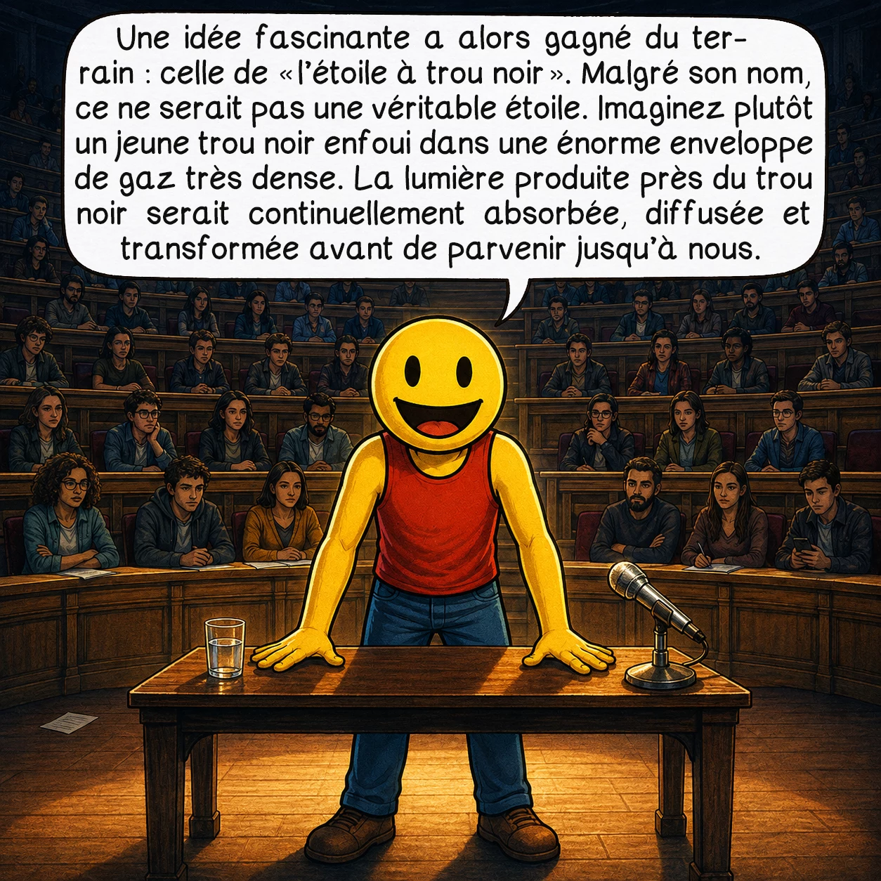 Les petits points rouges, case 7 : Une idée fascinante a alors gagné du terrain : celle de « l’étoile à trou noir ». Malgré son nom, ce ne serait pas une véritable étoile. Imaginez plutôt un jeune trou noir enfoui dans une énorme enveloppe de gaz très dense. La lumière produite près du trou noir serait continuellement absorbée, diffusée et transformée avant de parvenir jusqu’à nous.