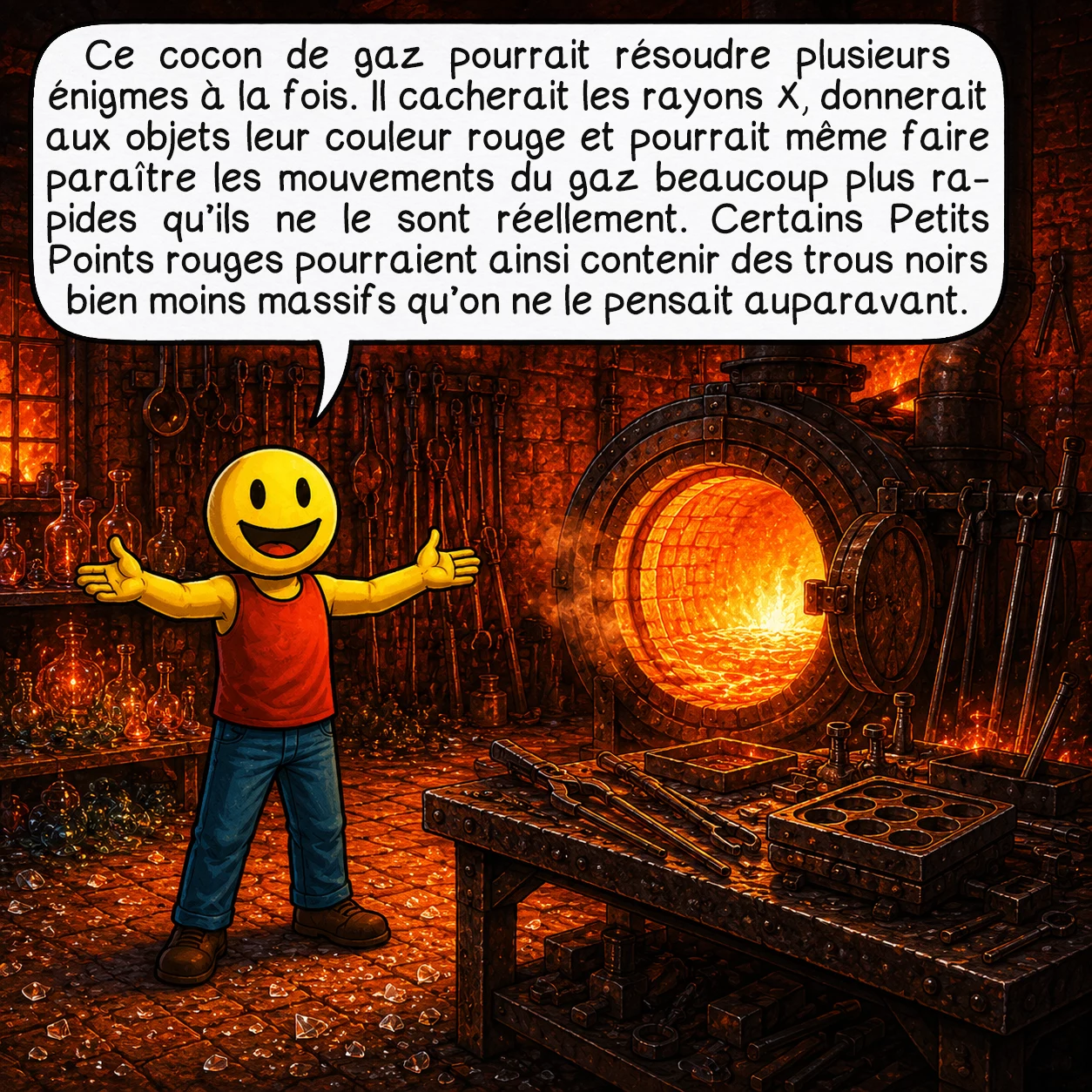 Les petits points rouges, case 8 : Ce cocon de gaz pourrait résoudre plusieurs énigmes à la fois. Il cacherait les rayons X, donnerait aux objets leur couleur rouge et pourrait même faire paraître les mouvements du gaz beaucoup plus rapides qu’ils ne le sont réellement. Certains Petits Points rouges pourraient ainsi contenir des trous noirs bien moins massifs qu’on ne le pensait auparavant.