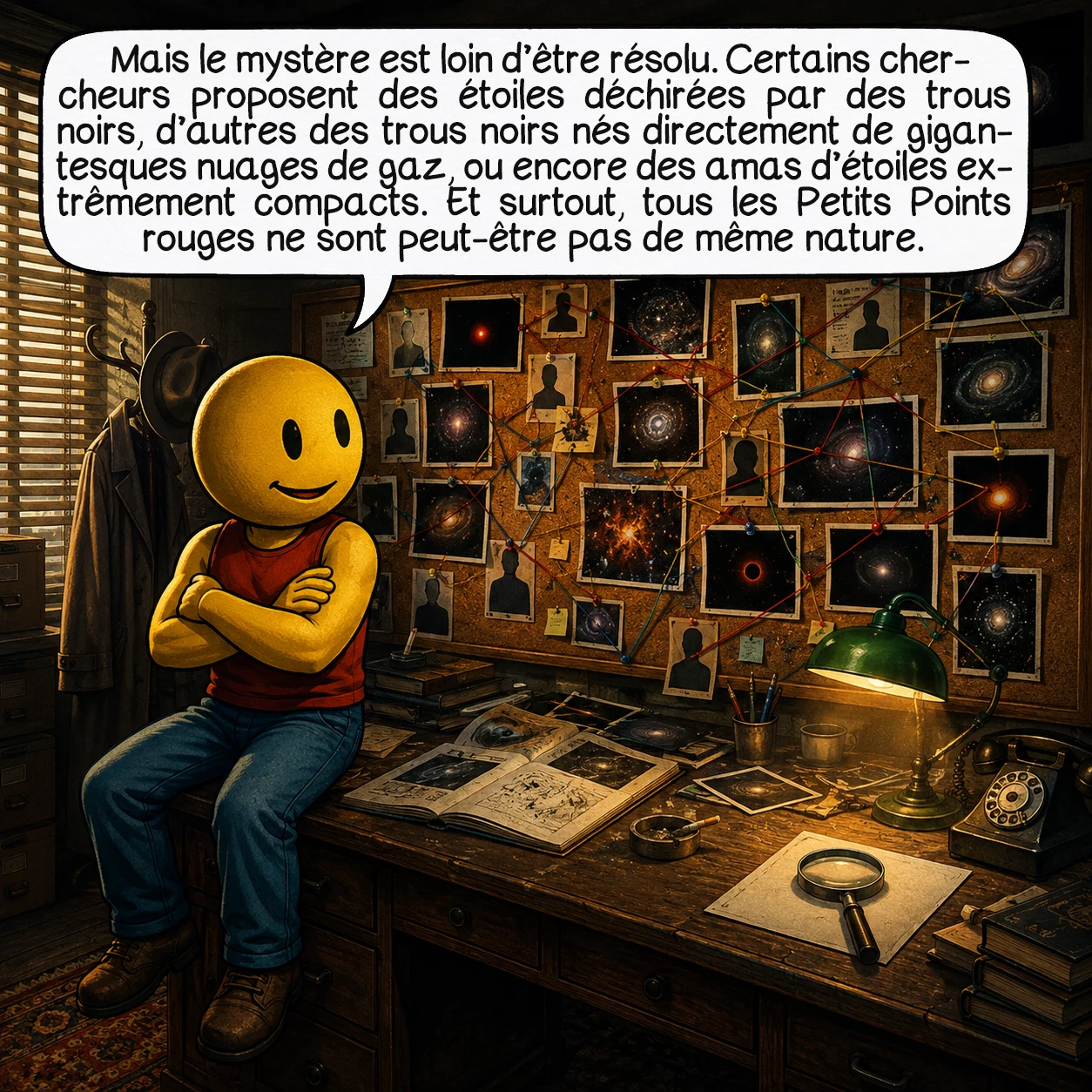 Les petits points rouges, case 9 : Mais le mystère est loin d’être résolu. Certains chercheurs proposent des étoiles déchirées par des trous noirs, d’autres des trous noirs nés directement de gigantesques nuages de gaz, ou encore des amas d’étoiles extrêmement compacts. Et surtout, tous les Petits Points rouges ne sont peut-être pas de même nature.