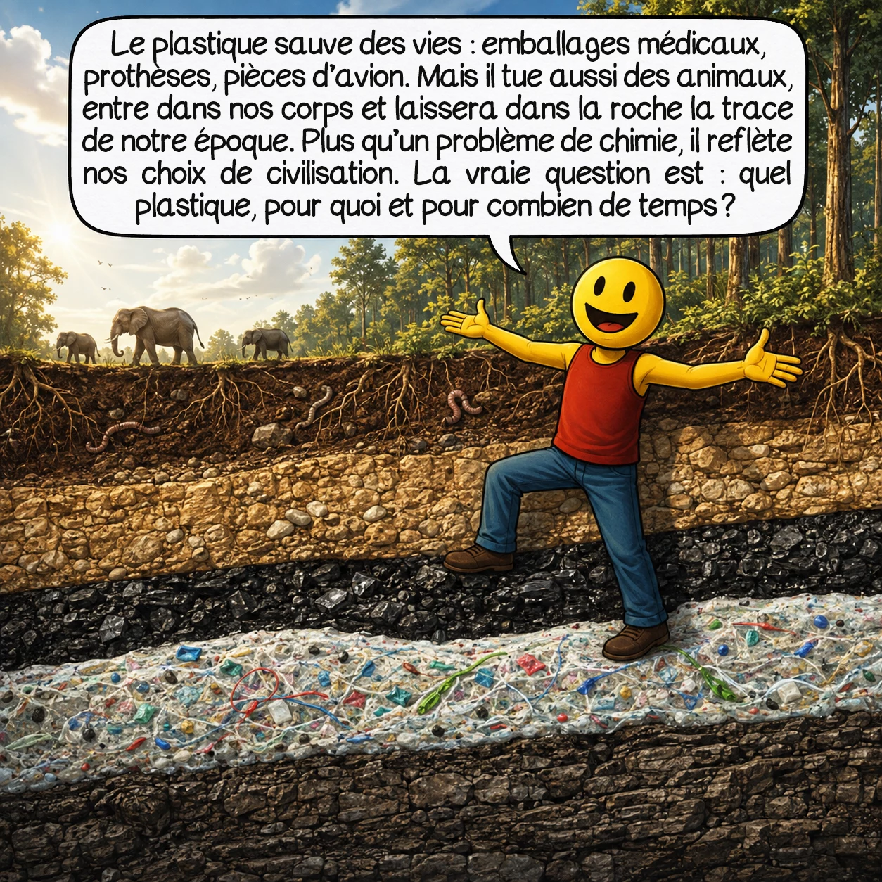 Le plastique, case 10 : Le plastique sauve des vies : emballages médicaux stériles, pièces d’avion légères, prothèses. Et il tue des baleines, entre dans nos corps, traverse les générations. Dans des millions d’années, les géologues trouveront dans la roche une strate blanche et colorée : la nôtre, la strate plastique de l’Anthropocène. Ce matériau est un miroir de nos choix collectifs : pas un problème de chimie, mais un problème de civilisation. La question n’est plus « plastique ou pas ? », mais « quel plastique, pour quoi, et combien de temps ? »