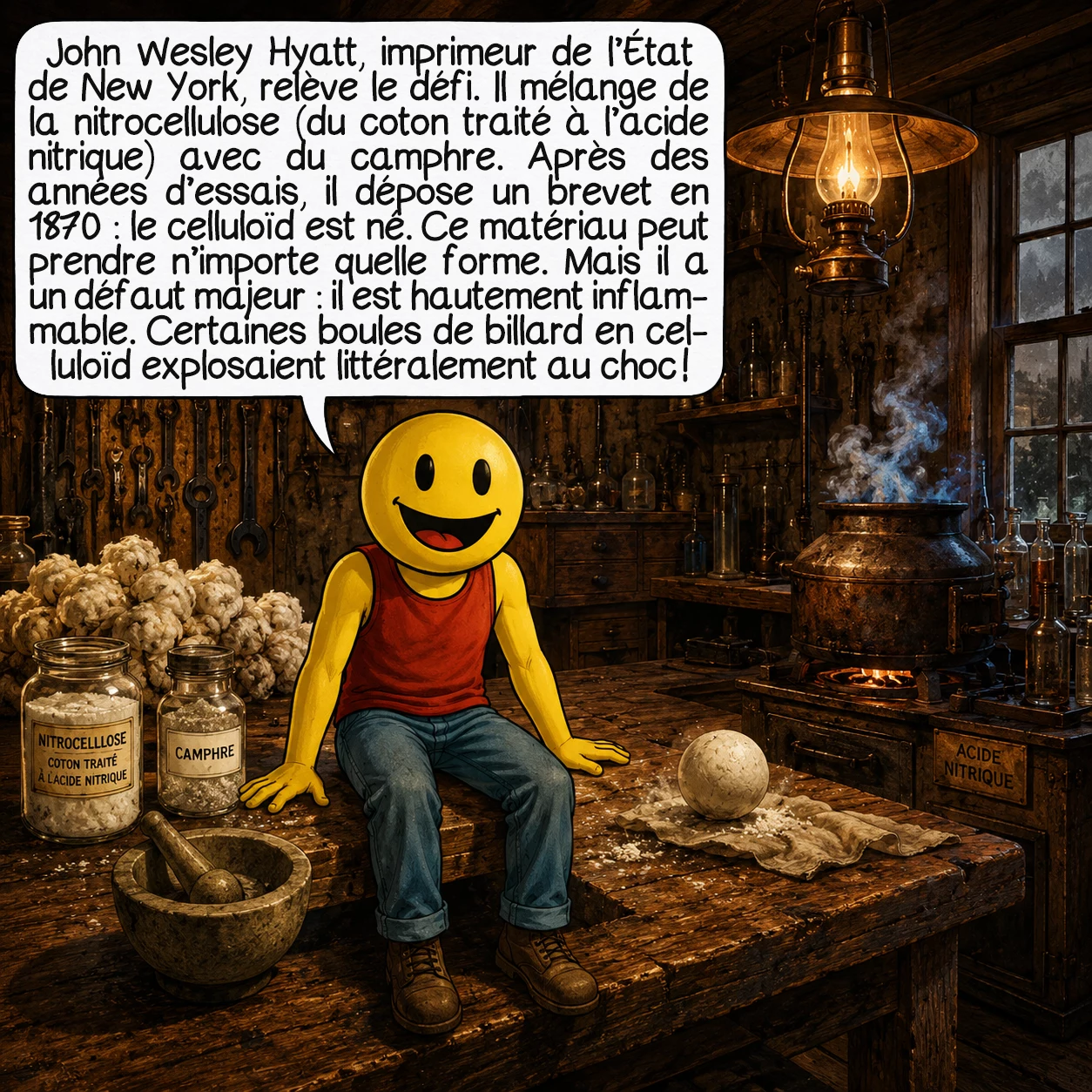 Le plastique, case 2 : John Wesley Hyatt, imprimeur de l’État de New York, relève le défi. Il mélange de la nitrocellulose (du coton traité à l’acide nitrique) avec du camphre. Après des années d’essais, il dépose un brevet en 1870 : le celluloïd est né. Ce matériau peut prendre n’importe quelle forme. Mais il a un défaut majeur : il est hautement inflammable. Certaines boules de billard en celluloïd explosaient littéralement au choc !