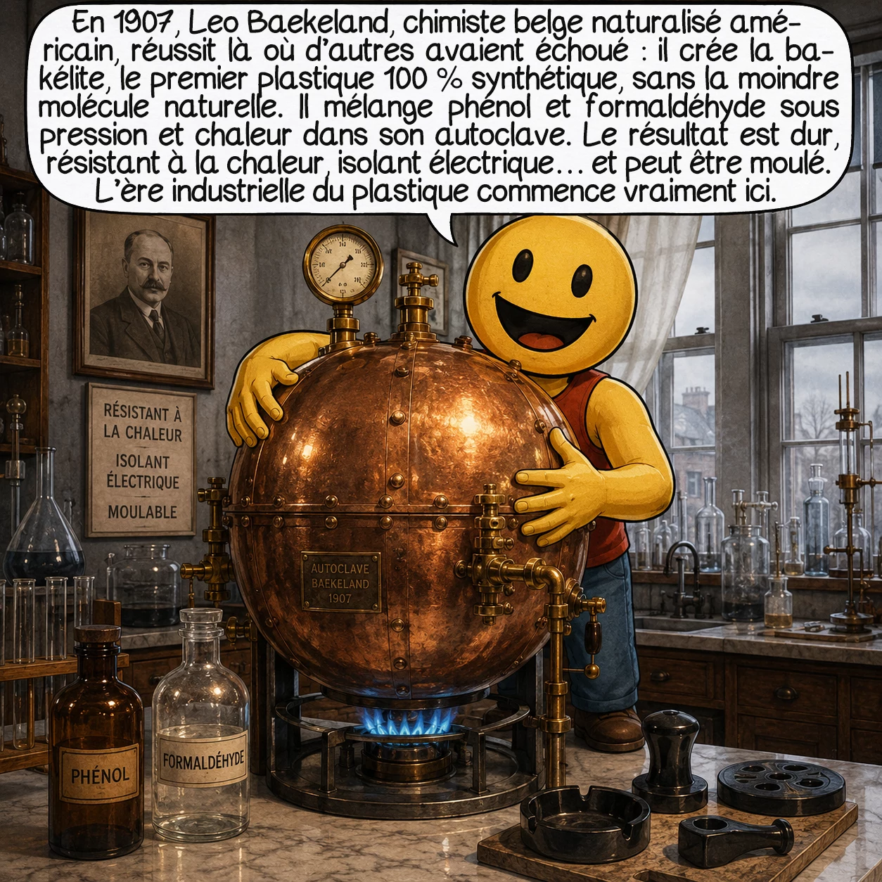 Le plastique, case 3 : En 1907, Leo Baekeland, chimiste belge naturalisé américain, réussit là où d’autres avaient échoué : il crée la bakélite, le premier plastique 100 % synthétique, sans la moindre molécule naturelle. Il mélange phénol et formaldéhyde sous pression et chaleur dans son autoclave. Le résultat est dur, résistant à la chaleur, isolant électrique… et peut être moulé. L’ère industrielle du plastique commence vraiment ici.
