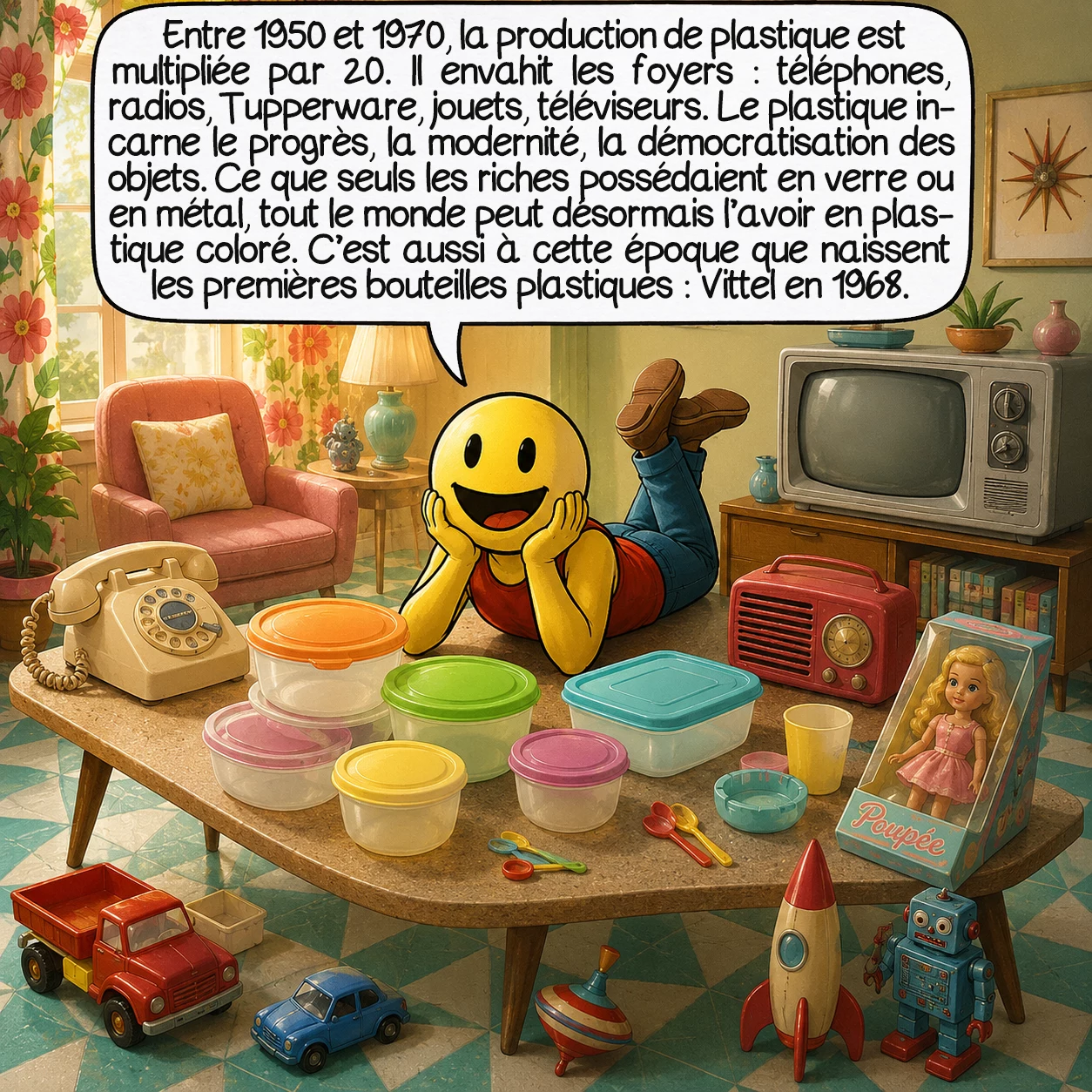 Le plastique, case 4 : Entre 1950 et 1970, la production de plastique est multipliée par vingt. Il envahit les foyers : téléphones, radios, Tupperware, jouets, boîtiers de télévision. Le plastique incarne le progrès, la modernité, la démocratisation des objets. Ce que seuls les riches possédaient en verre ou en métal, tout le monde peut désormais l’avoir en plastique coloré. C’est aussi à cette époque que naissent les premières bouteilles plastiques : Vittel en France en 1968.