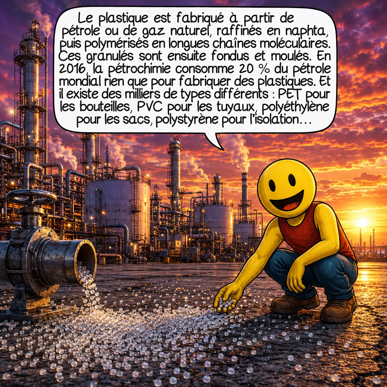 Le plastique, case 5 : Le plastique est fabriqué à partir de pétrole ou de gaz naturel, raffinés en naphta, puis polymérisés en longues chaînes moléculaires. Ces granulés (les « pellets ») sont ensuite fondus et moulés en objets. En 2016, la pétrochimie consomme 20 % du pétrole mondial rien que pour fabriquer des plastiques. Et il existe des milliers de types différents : PET pour les bouteilles, PVC pour les tuyaux, polyéthylène pour les sacs, polystyrène pour l’isolation…